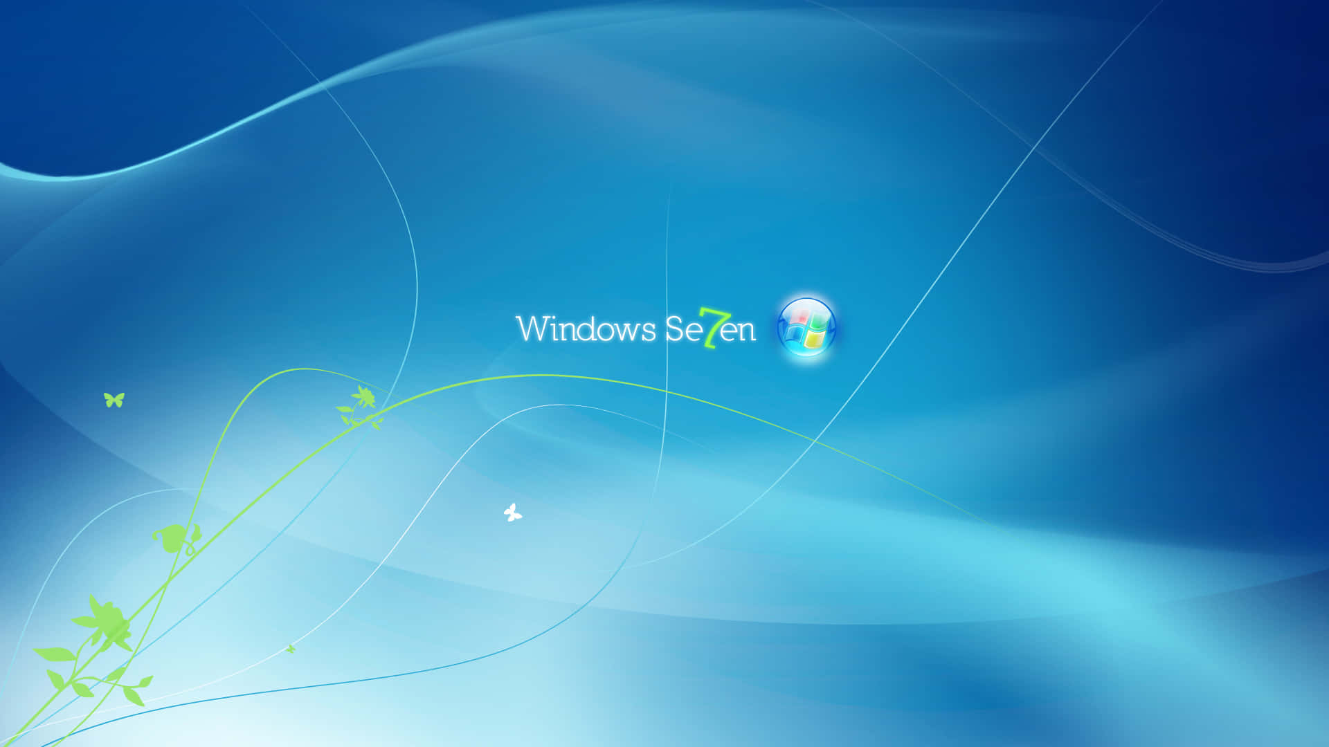 Windows Seven 標誌，帶有綠色藤蔓和蝴蝶，位於漸變藍色背景上 — Windows 11 壁紙