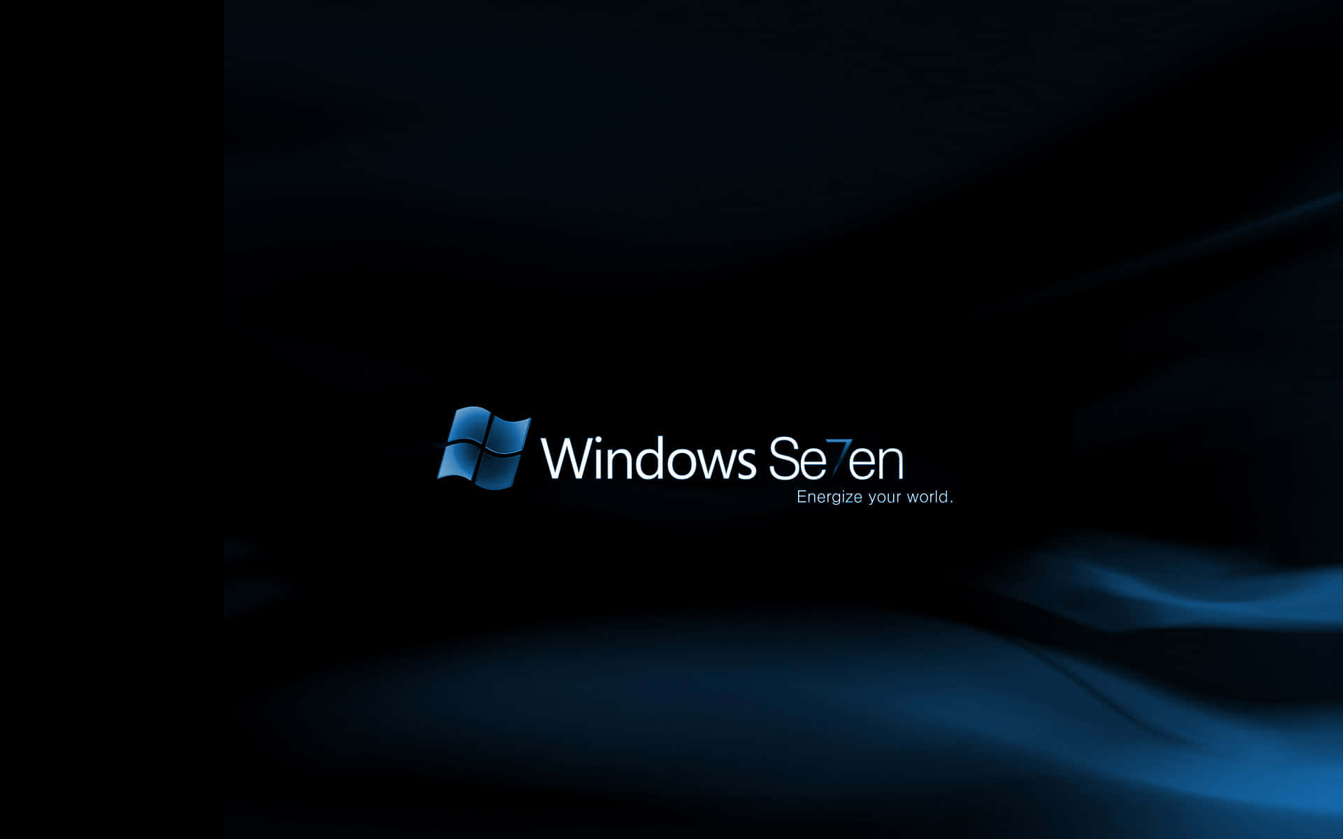 Dark Theme 桌布 壁紙 — Windows Seven 標誌在帶有流動光線的深色抽象背景上發出冷藍色光芒。