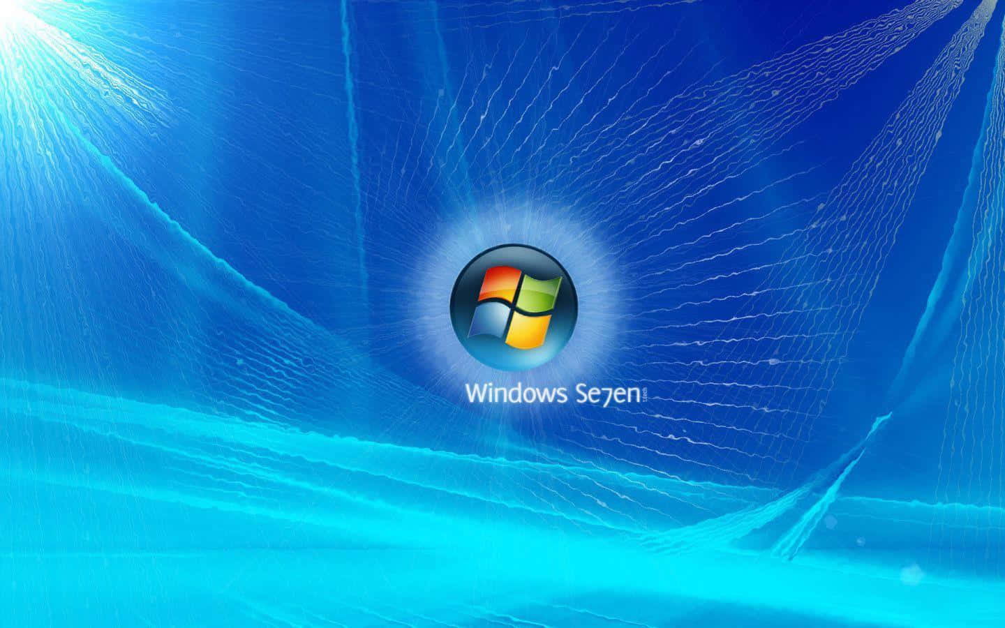 Windows 7 桌布 壁紙 — Windows Seven 標誌居中於動態藍色抽象背景，帶有發光光線和流動的數位線條。