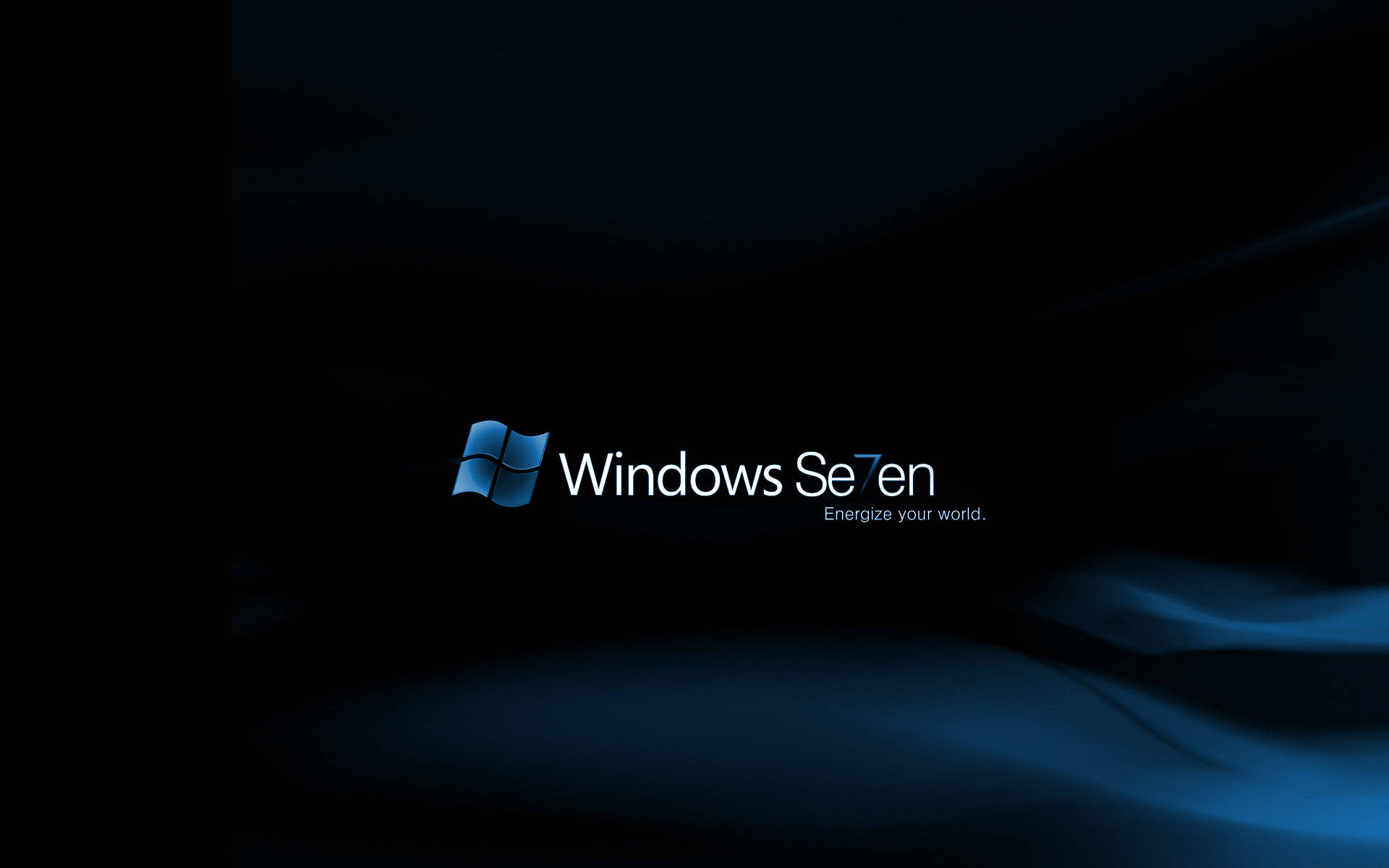 Windows 7 桌布 壁紙 — Windows Seven 標誌在帶有流動光波的深色抽象背景上發出冷藍色光芒。