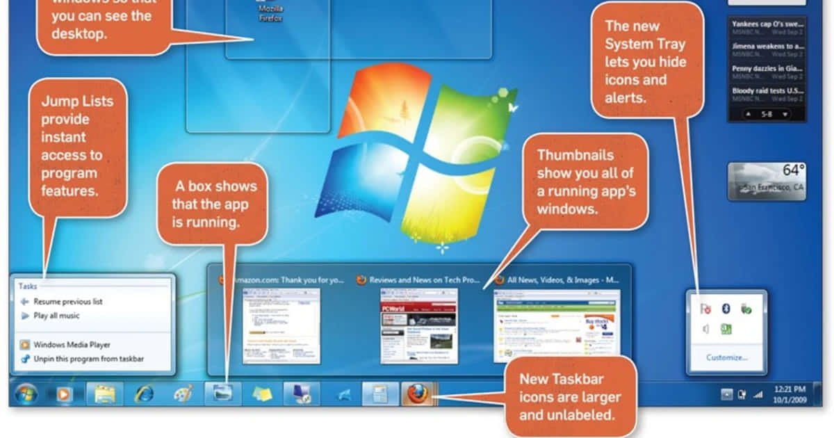 Windows 7 桌布 壁紙 — Windows Vista 桌面壁紙，帶有彩色視窗標誌和解釋新界面功能的教程標註。