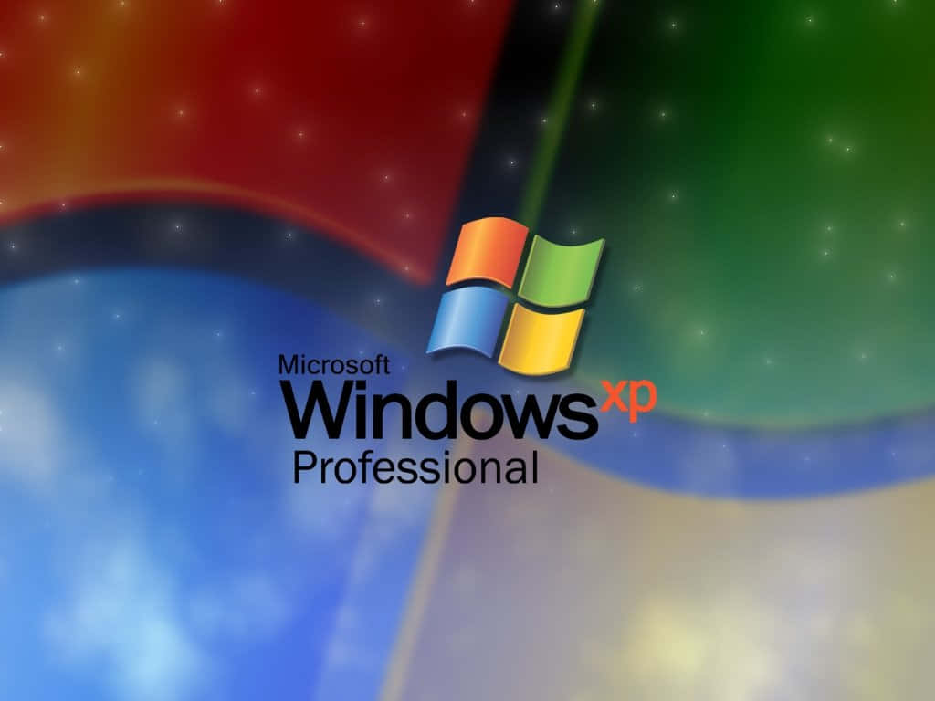 Windows XP 桌布 壁紙 — Windows XP Professional 標誌居中於色彩繽紛的抽象背景上，帶有紅色、綠色、藍色和黃色的彎曲面板及發光的星星。