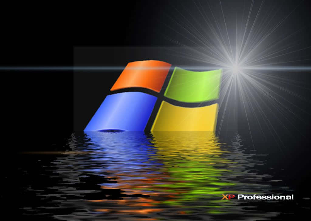 Windows XP 桌布 壁紙 — Windows XP 標誌從暗水中浮現，背後有明亮的星爆光線，反射出鮮豔的色彩。