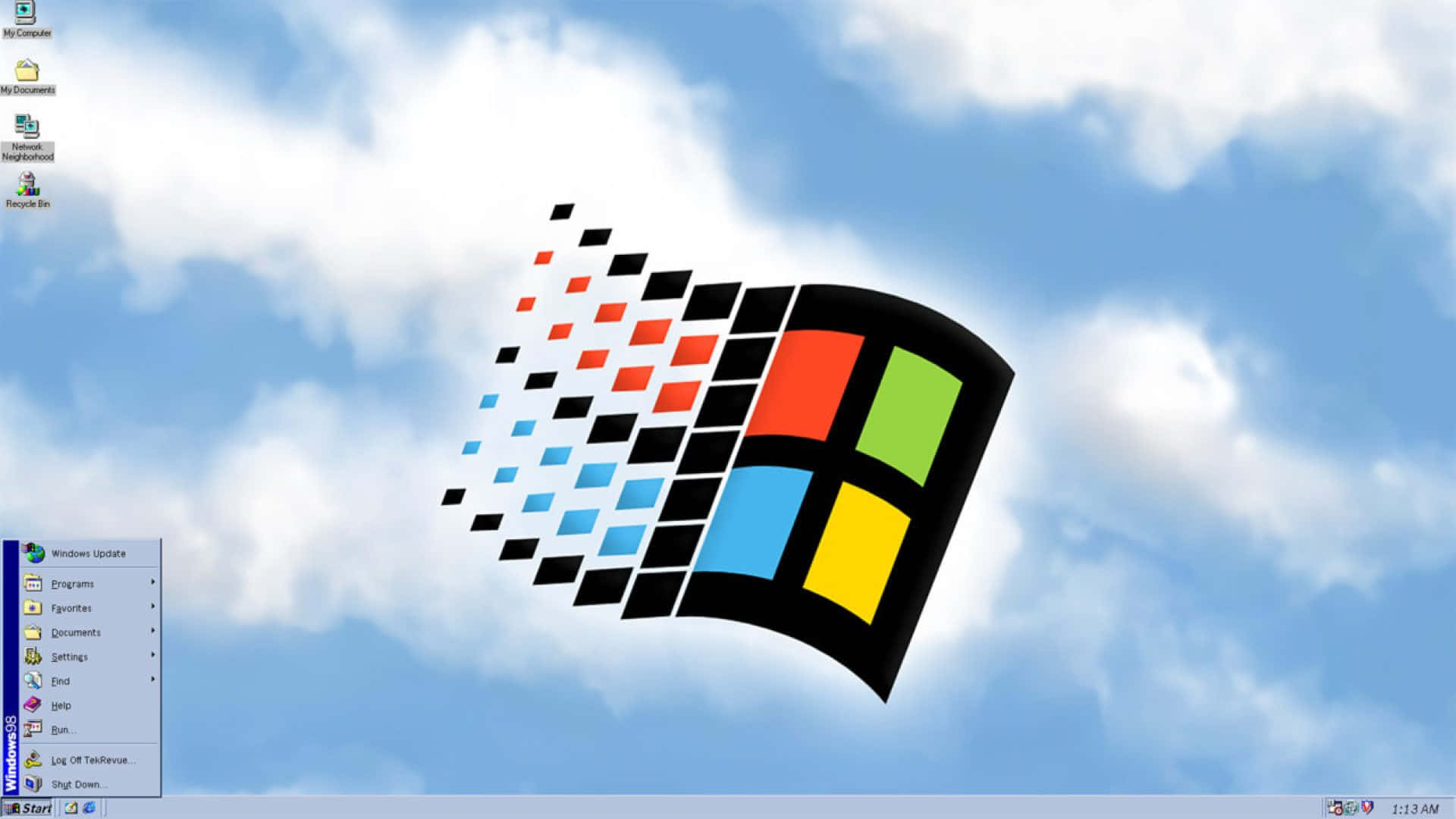Windows 98 桌布 壁紙 — Windows XP 標誌漂浮在藍天白雲和可見的桌面圖示之上。