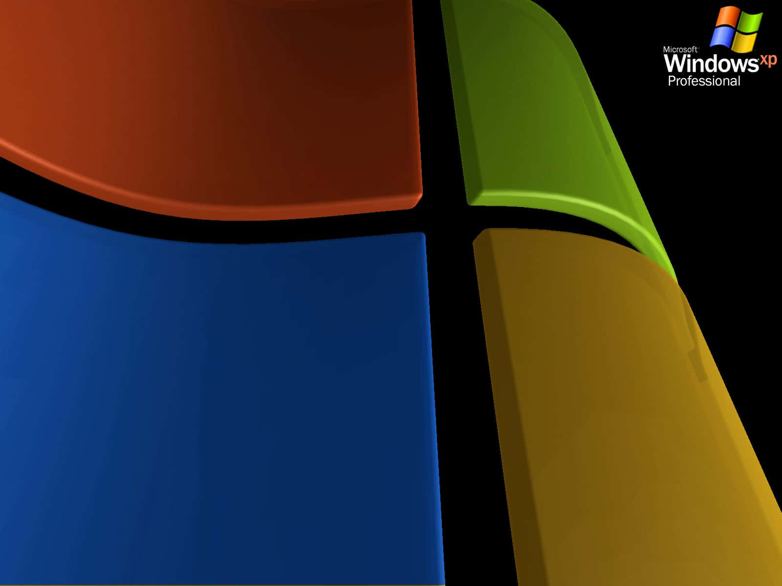  壁紙 — Windows XP 標誌特寫，以黑色背景襯托出大膽的紅、藍、綠、黃色面板。
