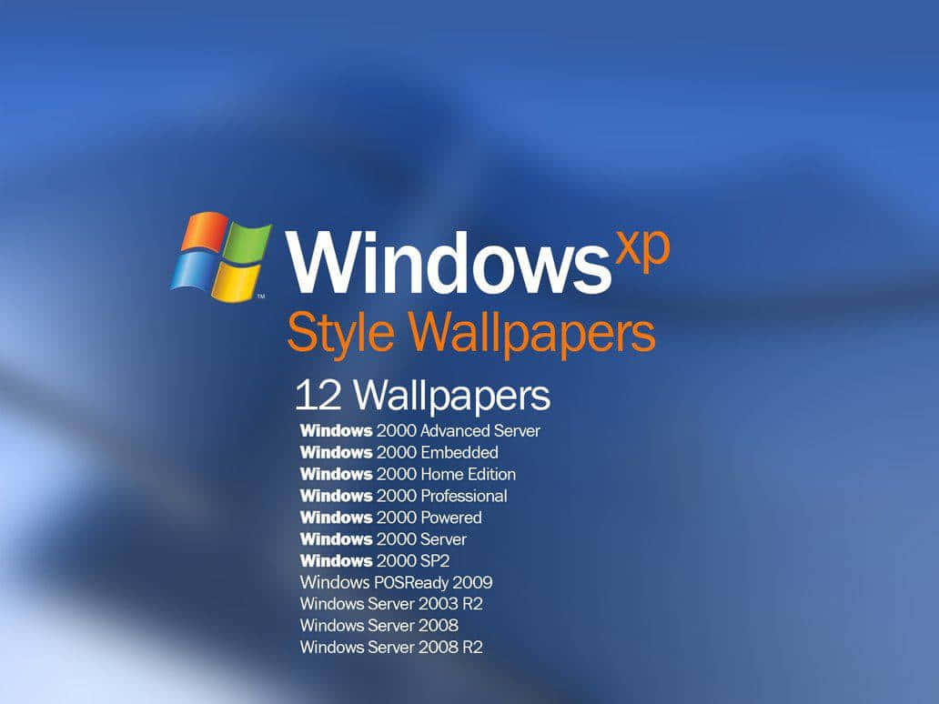  壁紙 — Windows XP 風格桌布推廣畫面，帶有漸層藍色背景和列出相容 Windows 版本的文字。