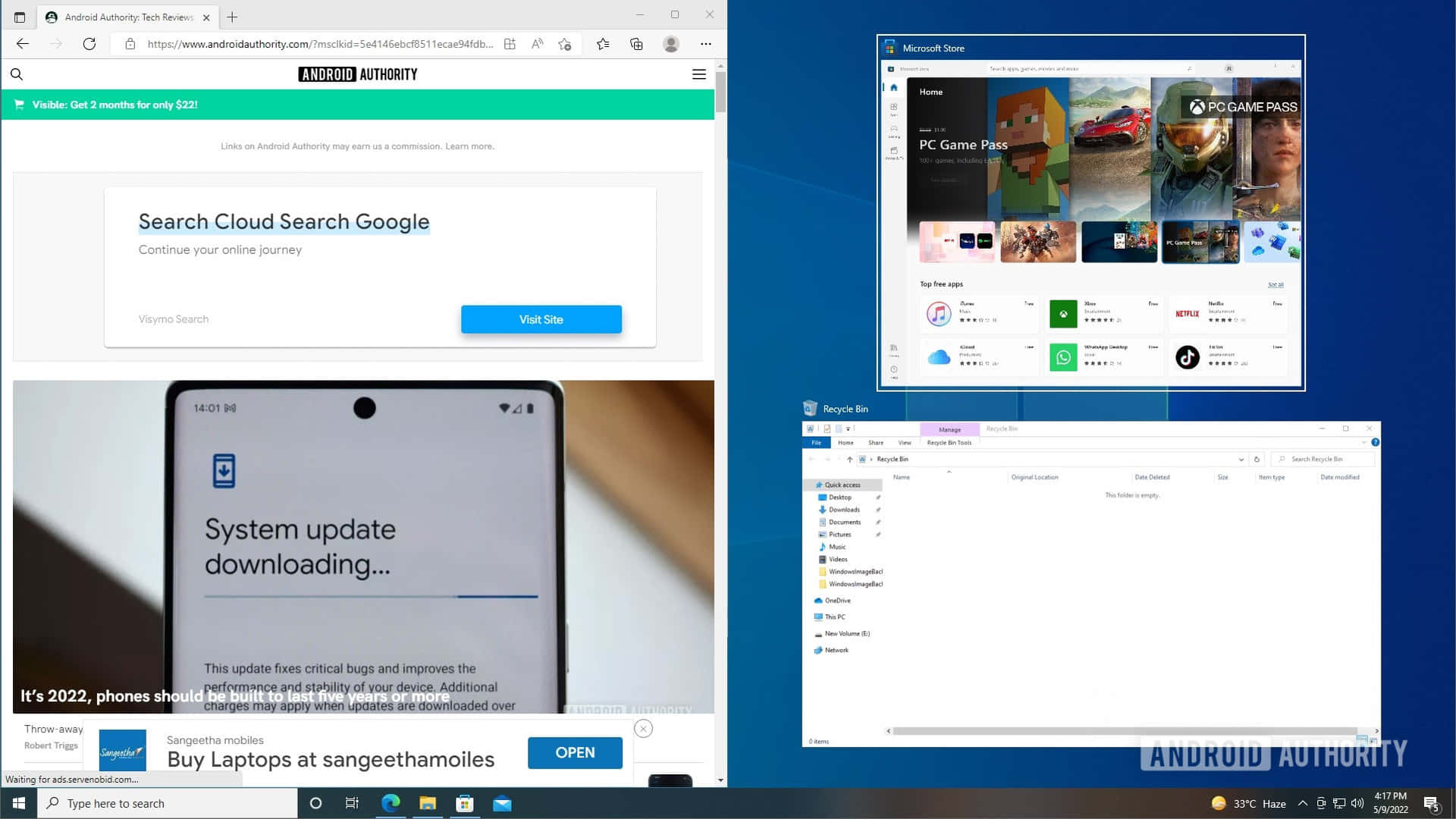 Windows Computer 桌布 壁紙 — Windows 桌面，顯示多個開啟的視窗，包括 Android Authority 文章和 Microsoft Store 應用程式介面。
