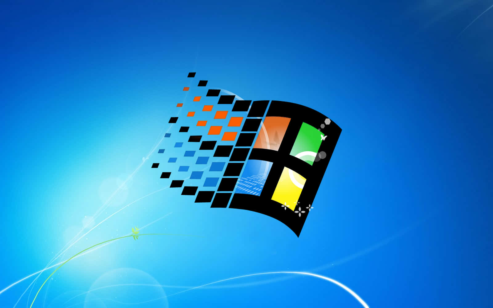 Windows 95 動態圖 桌布 壁紙 — Windows 標誌，帶有彩色窗格和像素化軌跡，背景為充滿活力的藍色漸變和光線條紋。