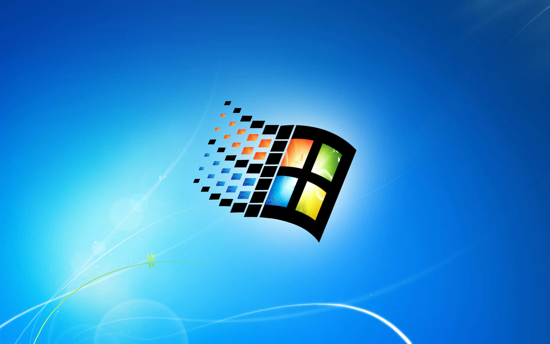 Windows Default 桌布 壁紙 — Windows 標誌，帶有彩色窗格和像素化軌跡，背景為漸變藍色，帶有光條。