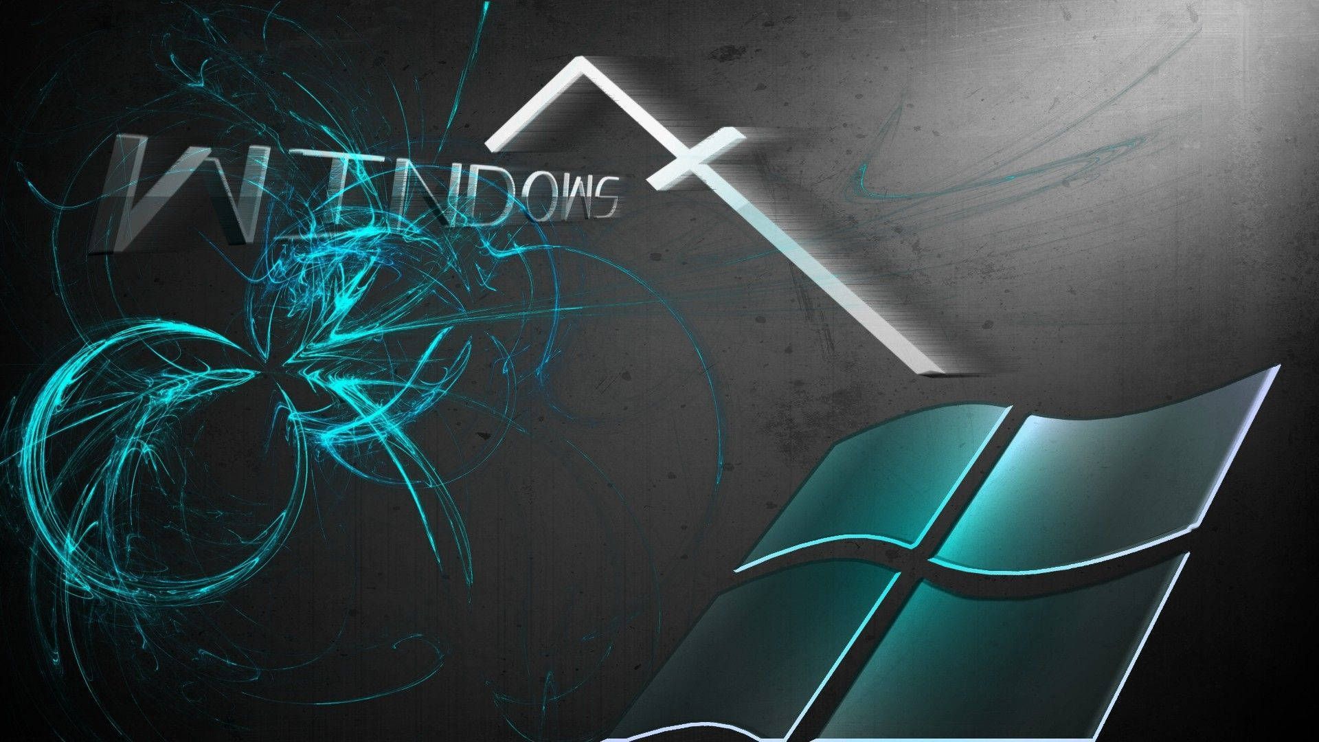 Dark Windows 桌布 壁紙 — Windows 標誌，帶有發光的青色能量漩渦，位於深色紋理背景上。