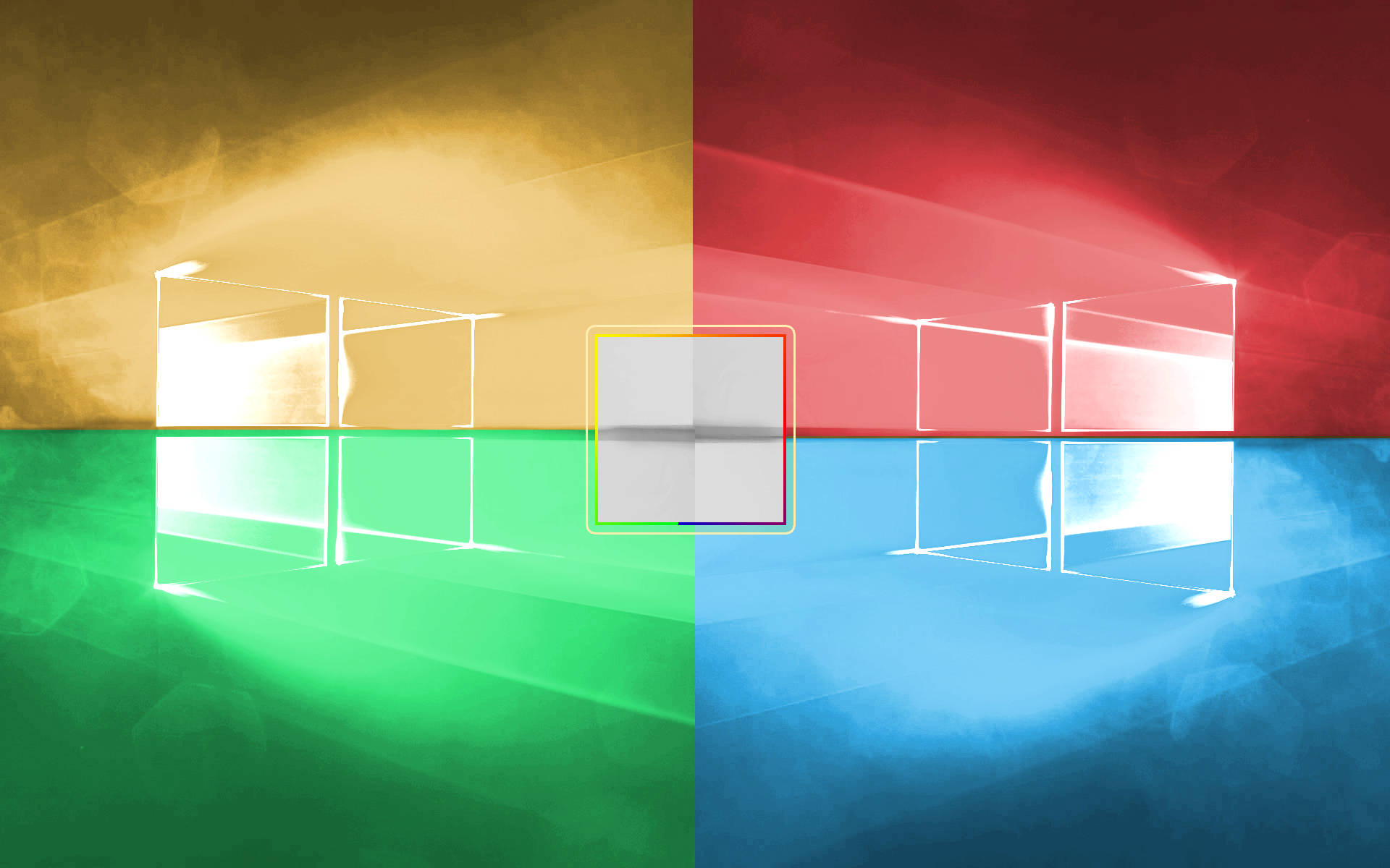Windows 10 高畫質 桌布 壁紙 — Windows 標誌以發光半透明立方體呈現，置於四個鮮豔彩色背景上。