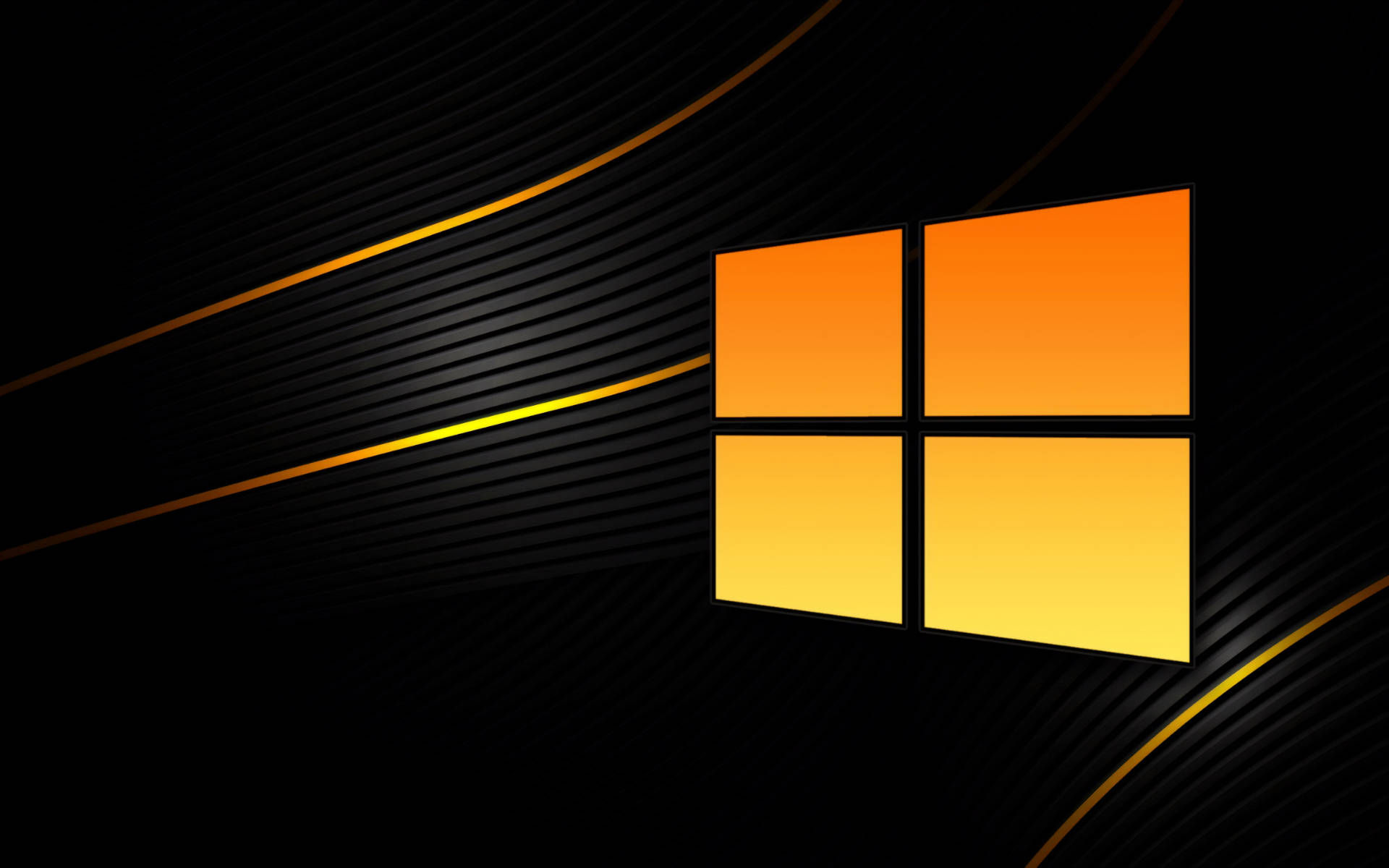 black windows 10 HD 桌布 壁紙 — Windows 標誌在光滑黑色背景上以橙色和黃色漸變發光，並帶有動態金色條紋。