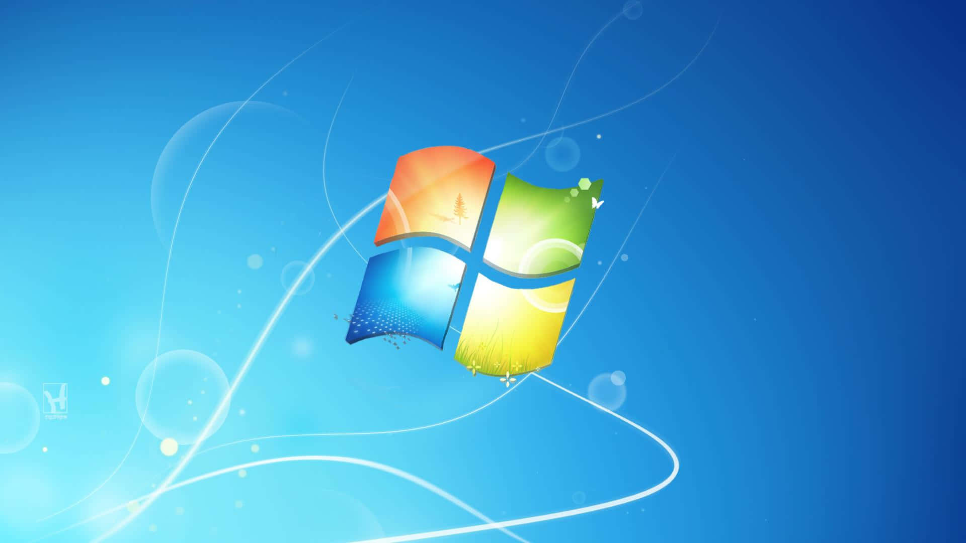 Windows 8 桌布 壁紙 — Windows 標誌在帶有發光漩渦和氣泡的漸層藍色天空中優雅地漂浮。