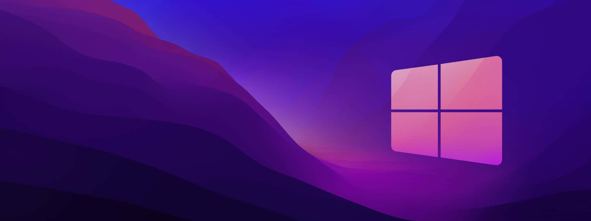 2048x768 桌布 壁紙 — Windows 標誌在數位抽象風景中，以粉紅色發光，襯托著風格化的紫色山巒波浪。