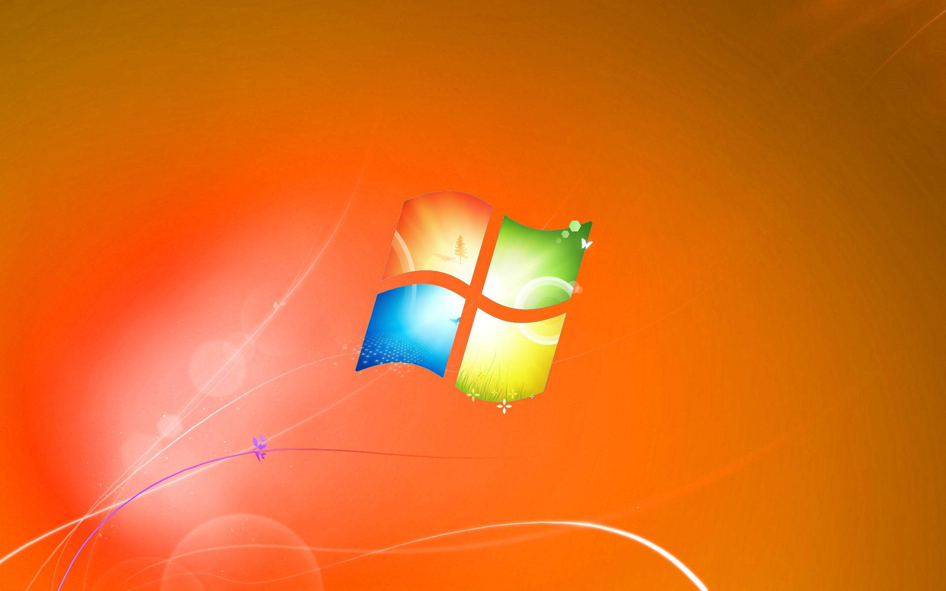 鎖屏 桌布 壁紙 — Windows 標誌在絢麗的橙色漸變背景上優雅漂浮，帶有發光的燈光條紋和柔和的散景效果。