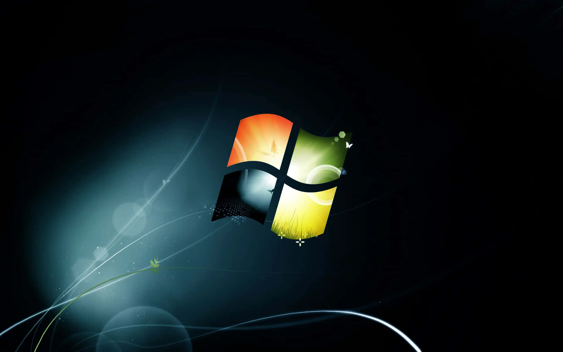Windows 7 桌布 壁紙 — Windows 標誌在黑暗背景上閃爍著夕陽色彩，帶有光線條紋和散景效果。