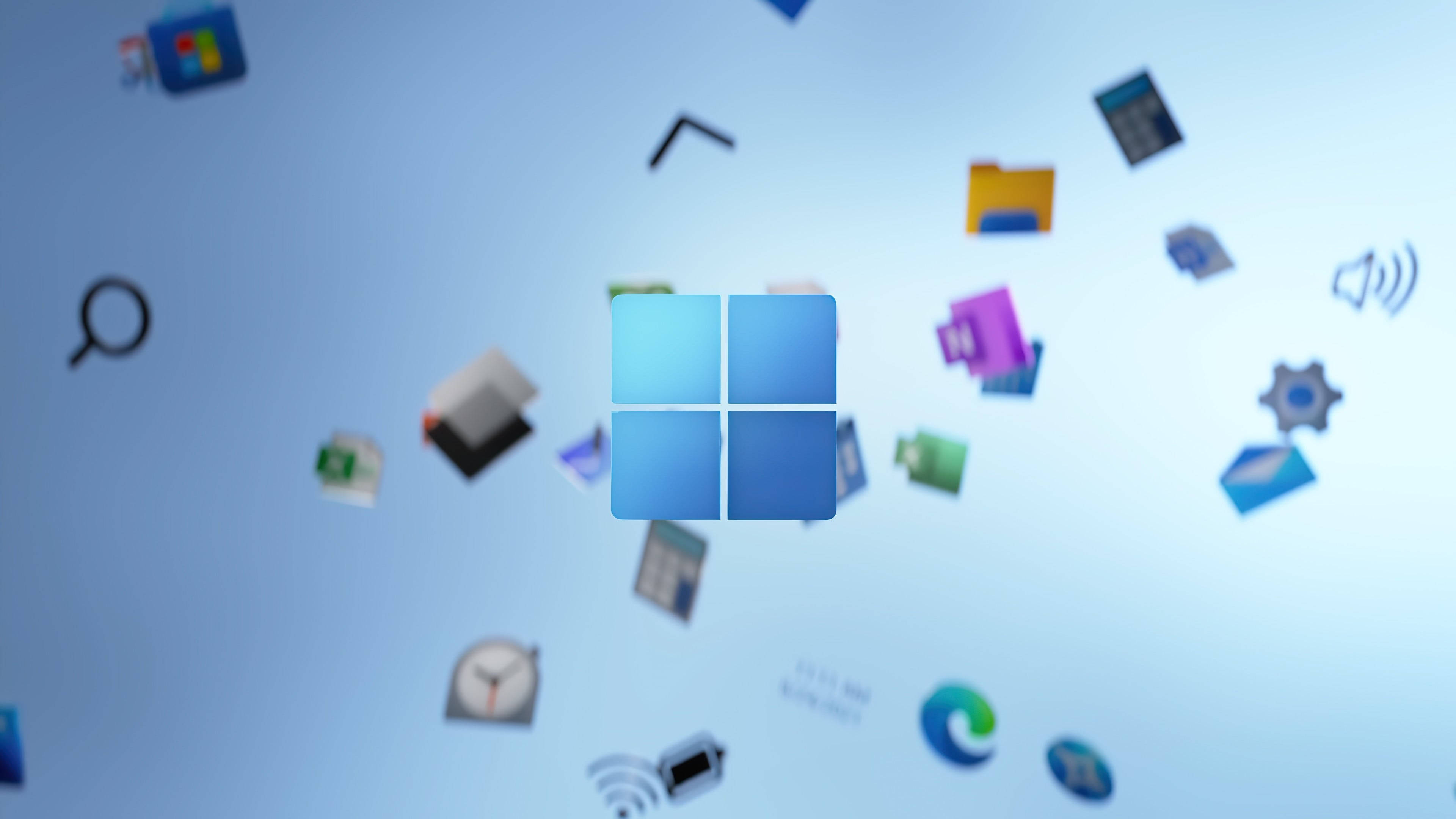 背景 桌布 壁紙 — Windows 標誌居中，帶有浮動應用程式圖示，背景為柔和藍色漸變。