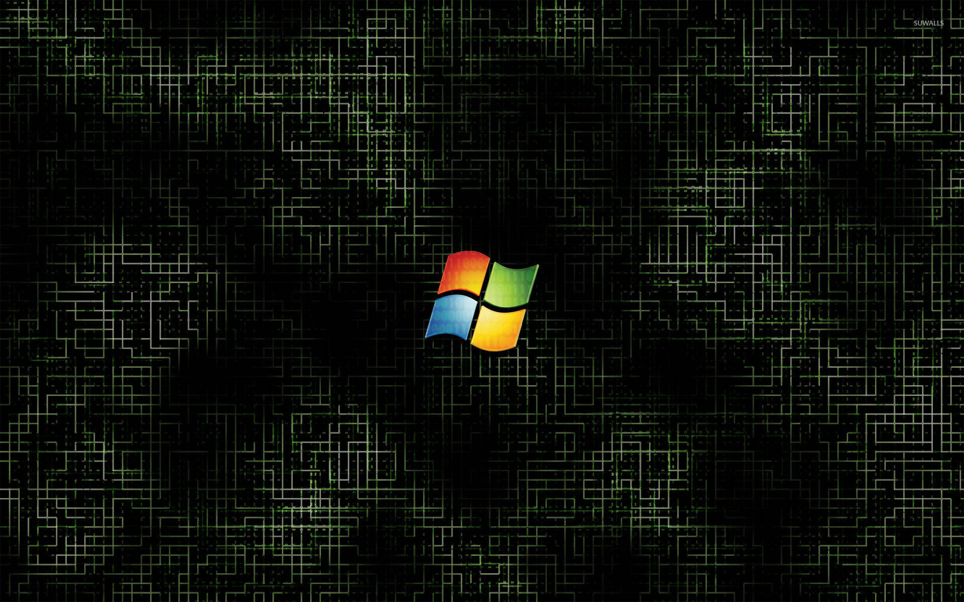 Windows 11 桌布 壁紙 — Windows 標誌居中於深色背景上，帶有發光的綠色電路圖案。