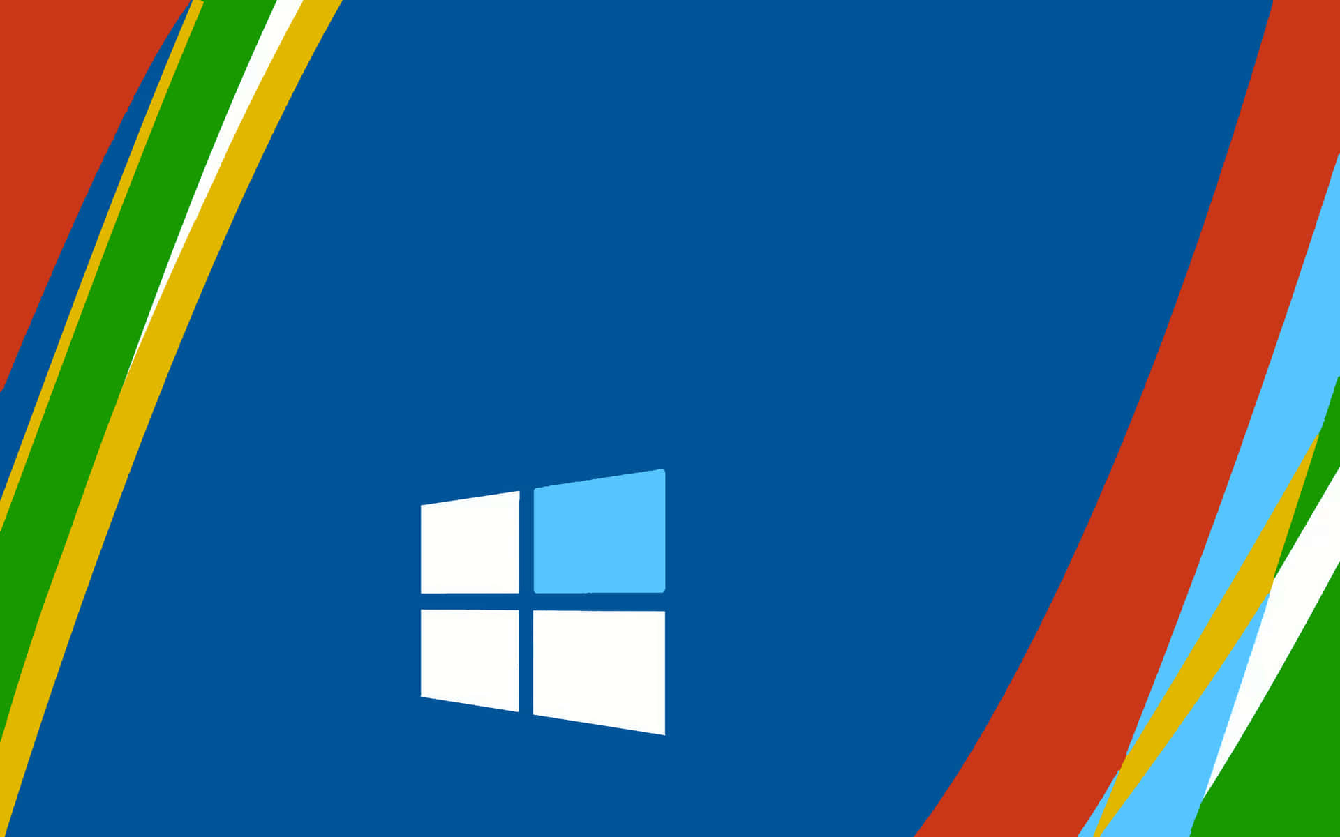 Windows 桌布 壁紙 — Windows 標誌居中於藍色背景上，帶有紅色、綠色、黃色和白色的粗體對角線條紋。