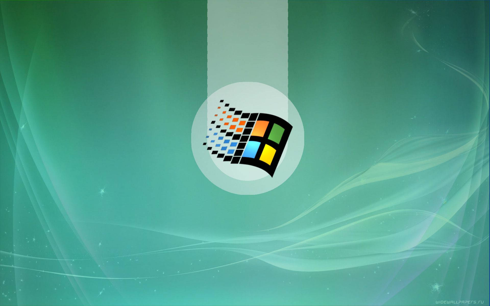 Windows 95 動態圖 桌布 壁紙 — Windows 標誌帶有像素化動態效果，居中於帶有流動光線條紋的藍綠色漸變背景上。