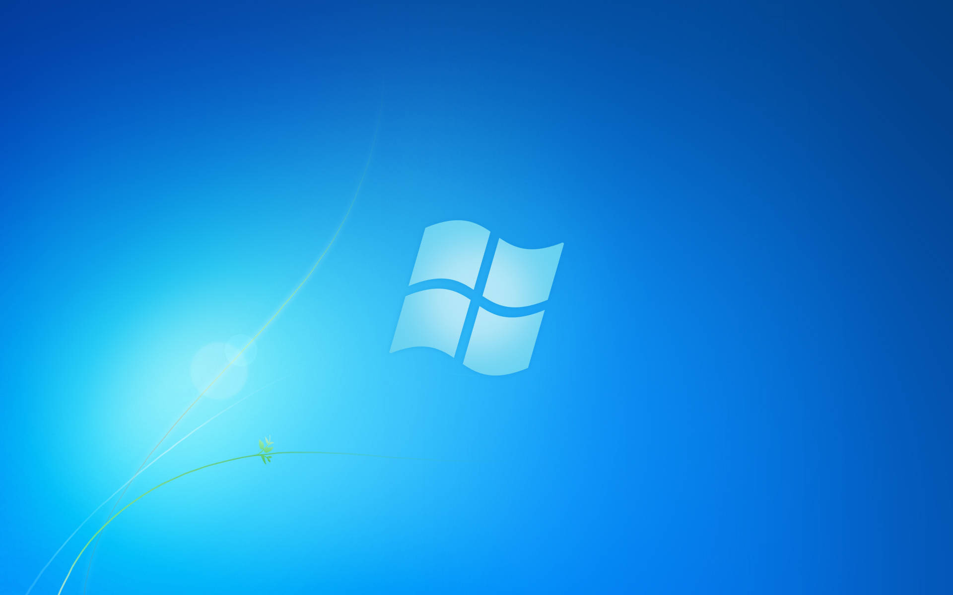 Windows 7 桌布 壁紙 — Windows 標誌漂浮在漸變藍色天空中，帶有發光的光線條紋和下方的小綠色嫩芽。