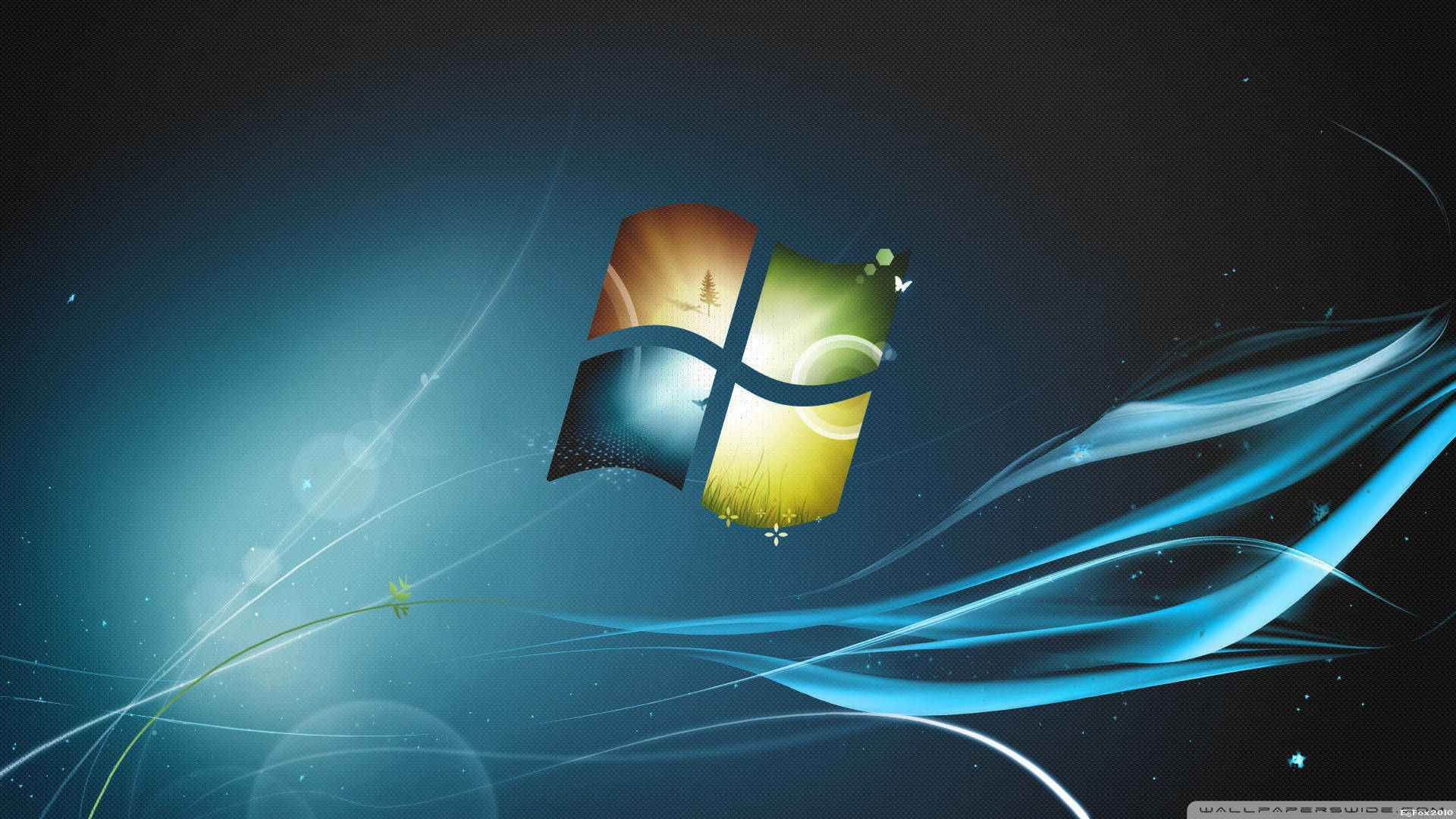 藝術 桌布 壁紙 — Windows 標誌漂浮在發光的藍色能量波中，背景為深色漸變。