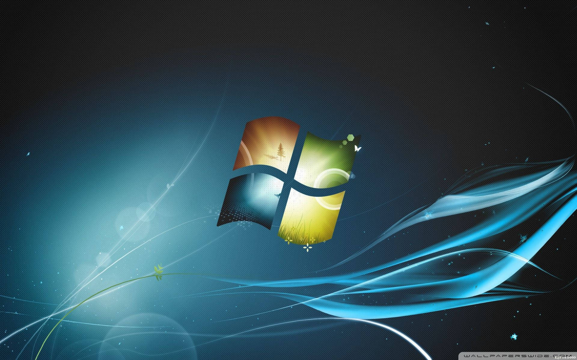 鎖屏 桌布 壁紙 — Windows 標誌漂浮在發光的藍色能量波中，背景是黑暗的宇宙，帶有微妙的星星和鏡頭光暈。