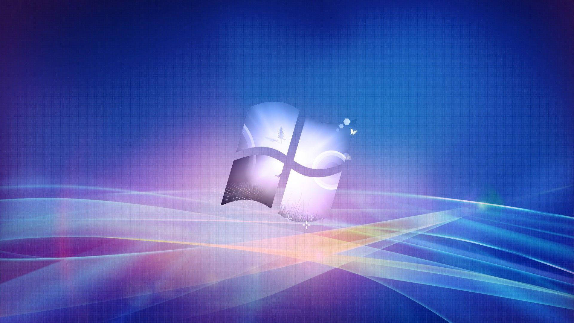 Windows 98 桌布 壁紙 — Windows 標誌漂浮在發光的數位波浪之上，背景為藍色和紫色的漸變色。