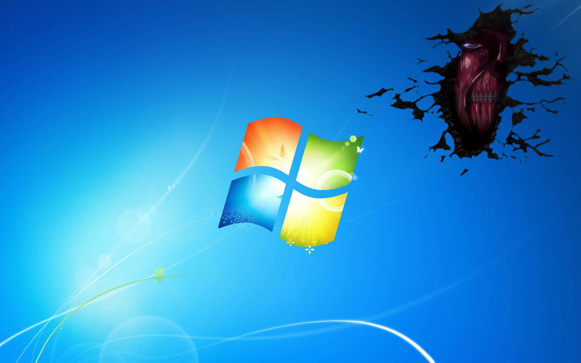 酷炫桌面 桌布 壁紙 — Windows 標誌漂浮在鮮豔的藍天上，一個怪物般的面孔從螢幕邊緣衝破而出。