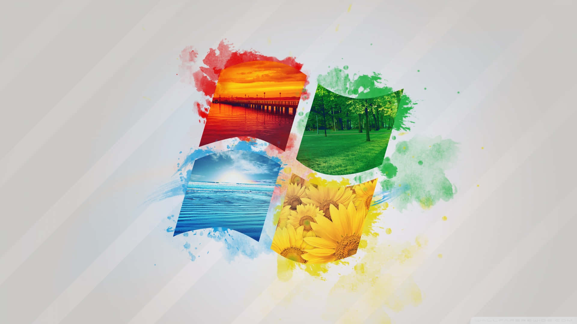Cool Windows Desktop 桌布 壁紙 — Windows 標誌由四個充滿活力的水彩潑濺組成，每個描繪不同的風景：日落、碼頭、綠色森林、藍色海洋、向日葵。