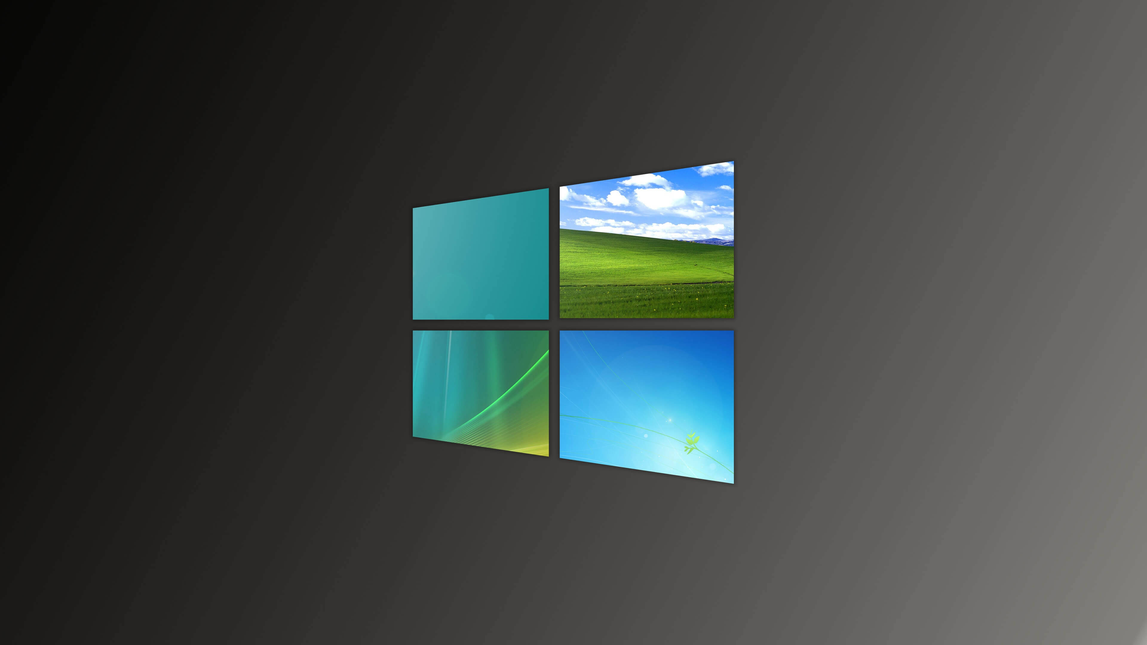 Dark Windows 桌布 壁紙 — Windows 標誌由四個面板組成，在深灰色背景上顯示綠色田野、藍色天空、抽象漸變。