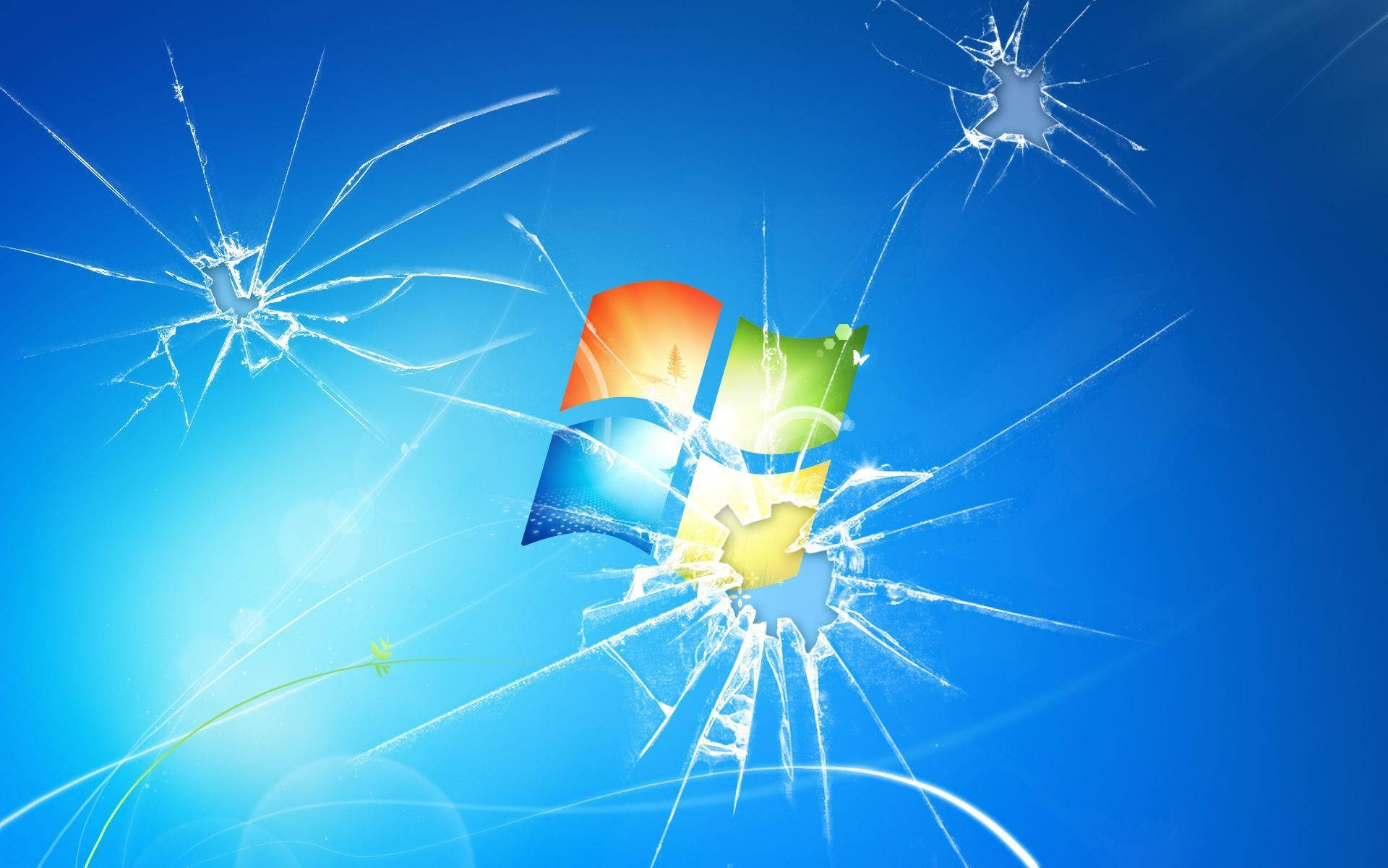 cracked 桌布 壁紙 — Windows 標誌碎裂在裂開的玻璃上，背景為明亮的藍色，帶有光線條紋。