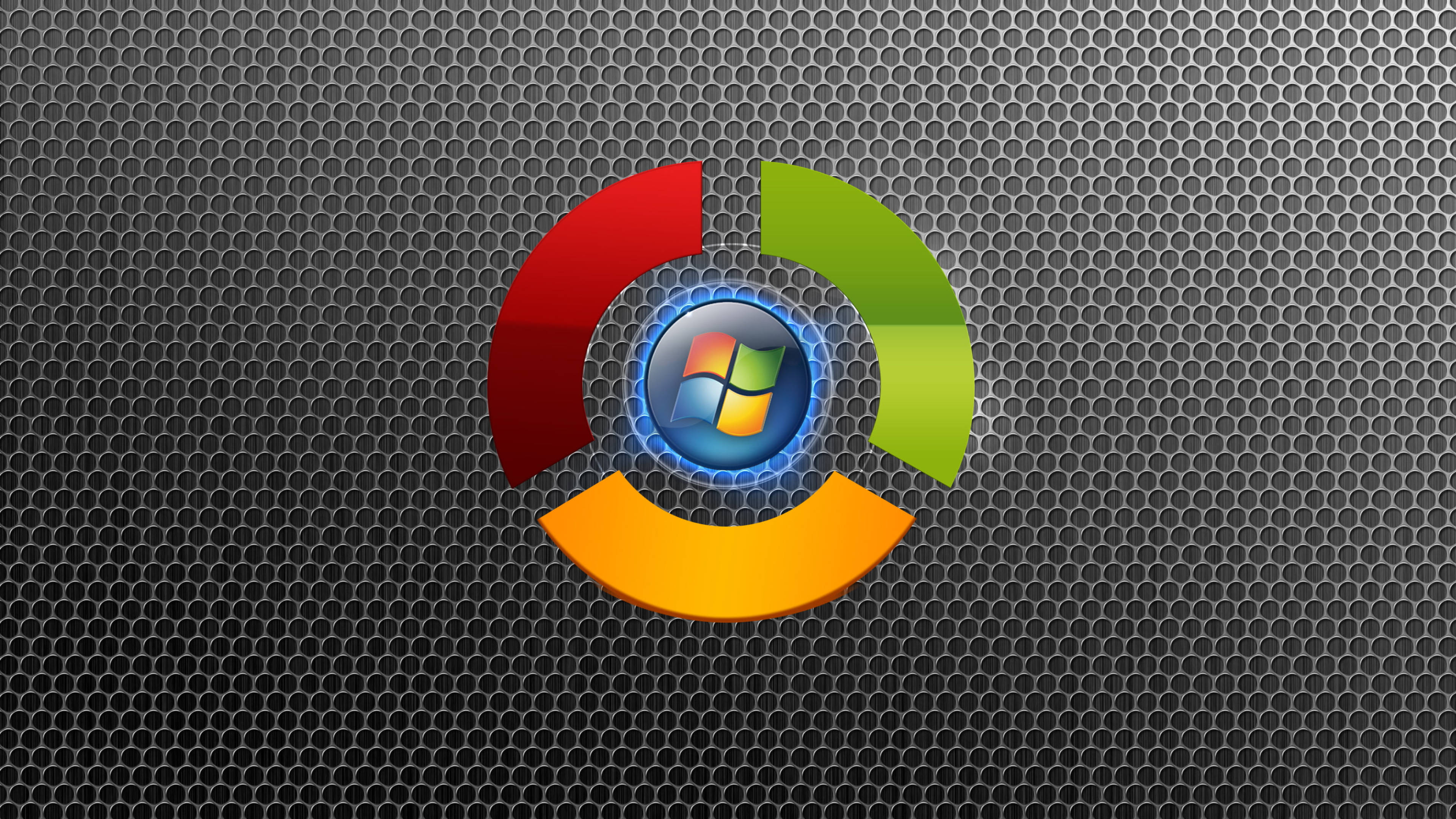 Google Chrome 桌布 壁紙 — Windows 標誌被紅色、綠色和橙色的弧線環繞，在深色金屬網格背景上發光。
