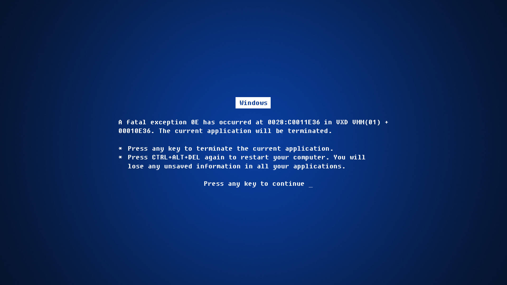 Computer Screen 桌布 壁紙 — Windows 藍屏死機顯示致命例外錯誤，白色文字在深藍色背景上。