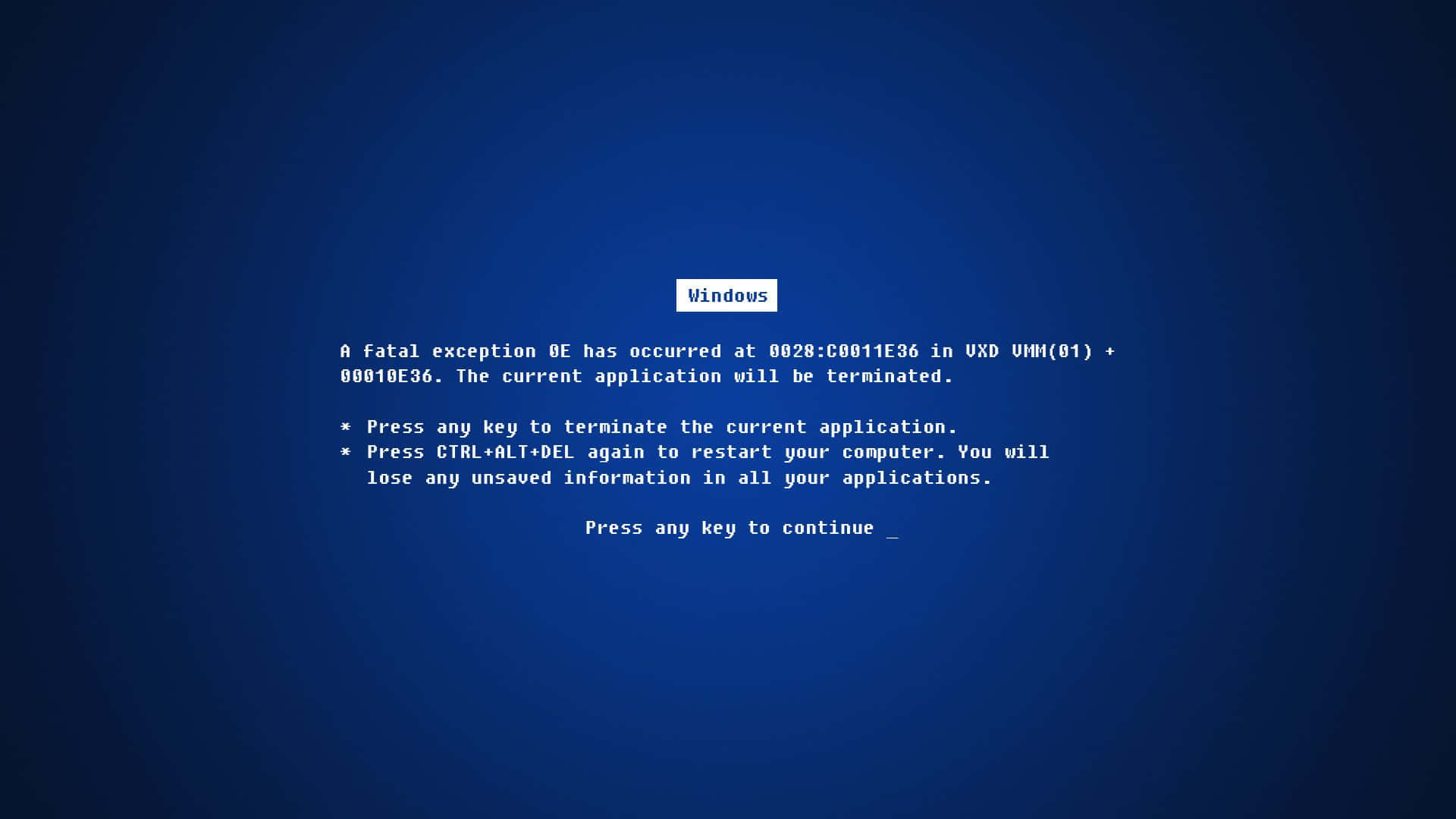 Funny Lock Screen 桌布 壁紙 — Windows 藍色當機畫面顯示致命例外錯誤，白色文字在深藍色漸變背景上。
