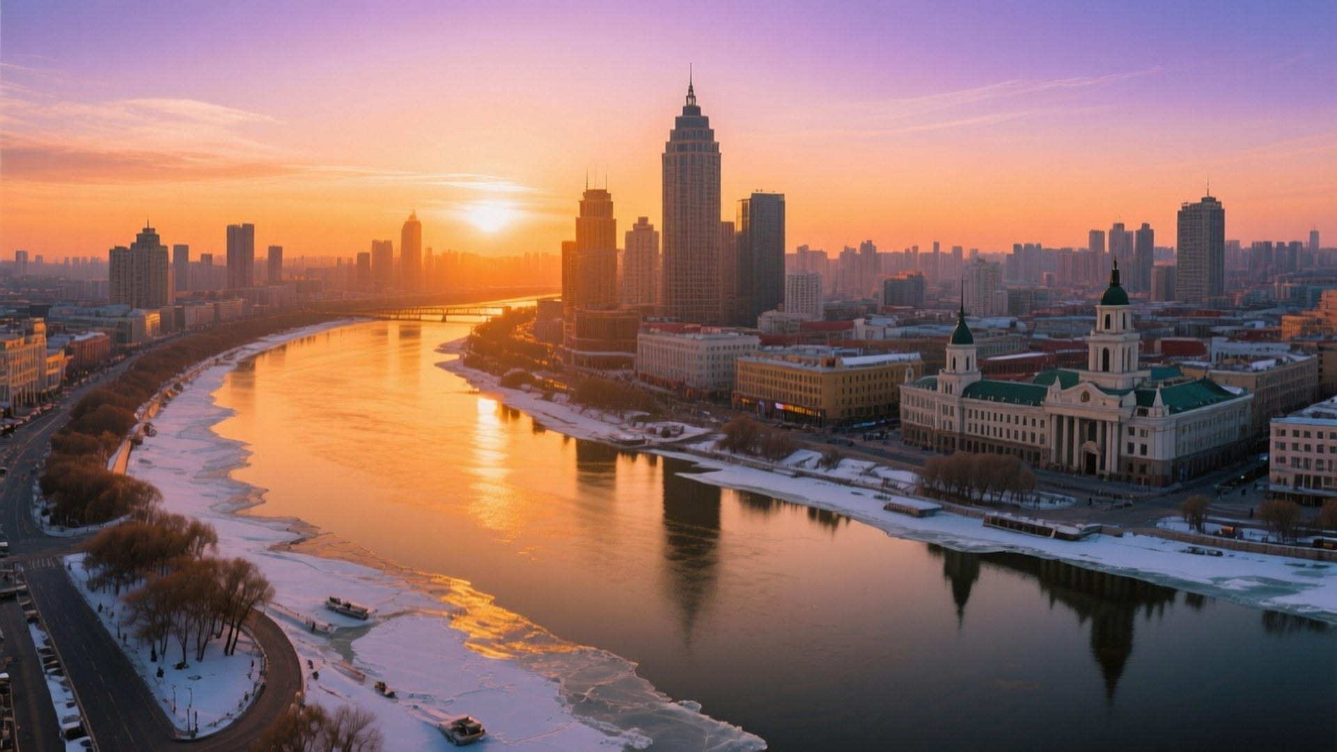 Harbin Skyline Sunset 壁紙 — 冬日日出映照城市景觀，蜿蜒的河流在冰封的河岸和積雪的樹木上反射出金色的光芒。