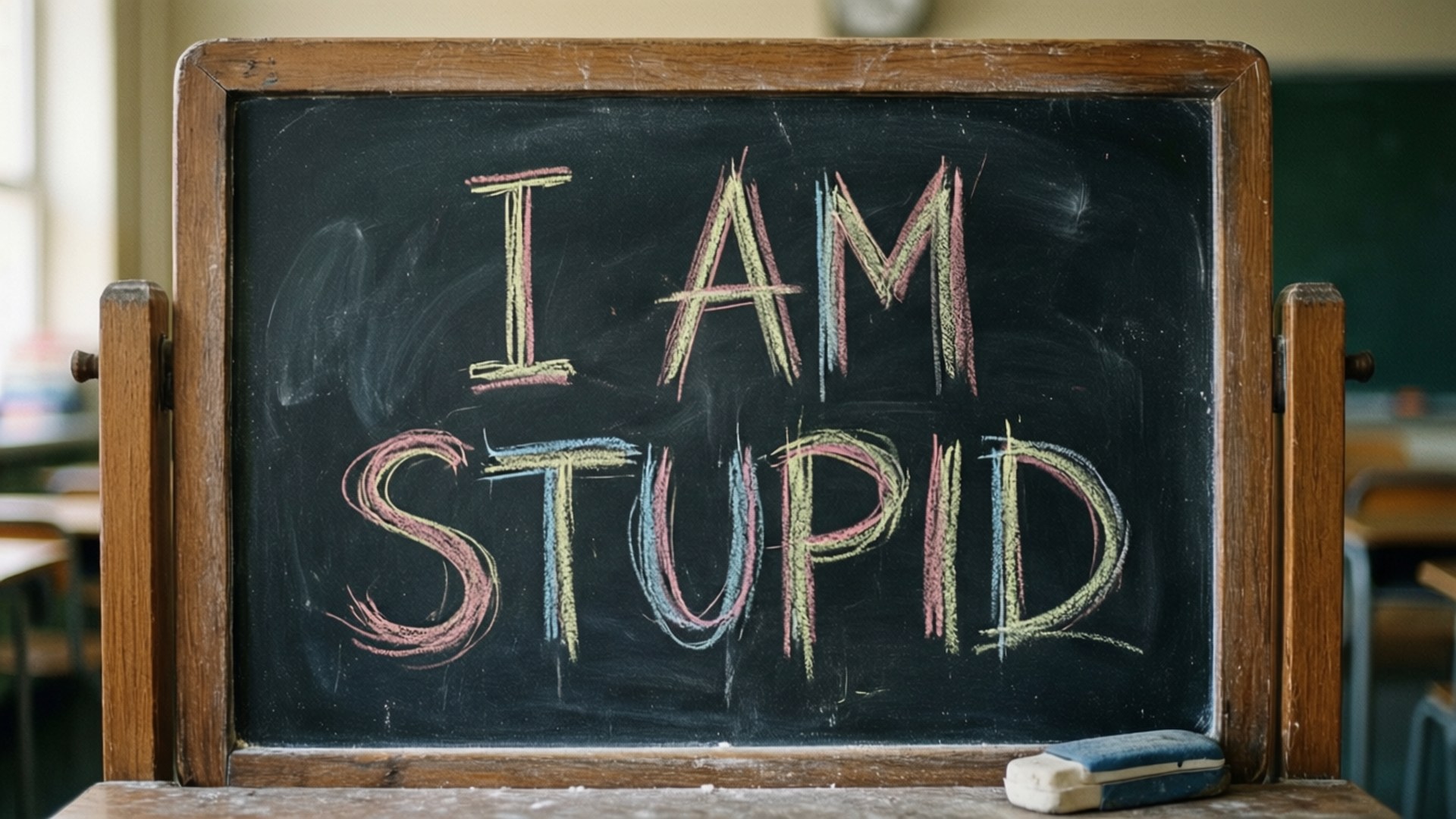 Im Stupid 桌布 壁紙 — 教室裡一塊復古木黑板用彩色粉筆寫著「我很蠢」這句話，下面放著一塊板擦。