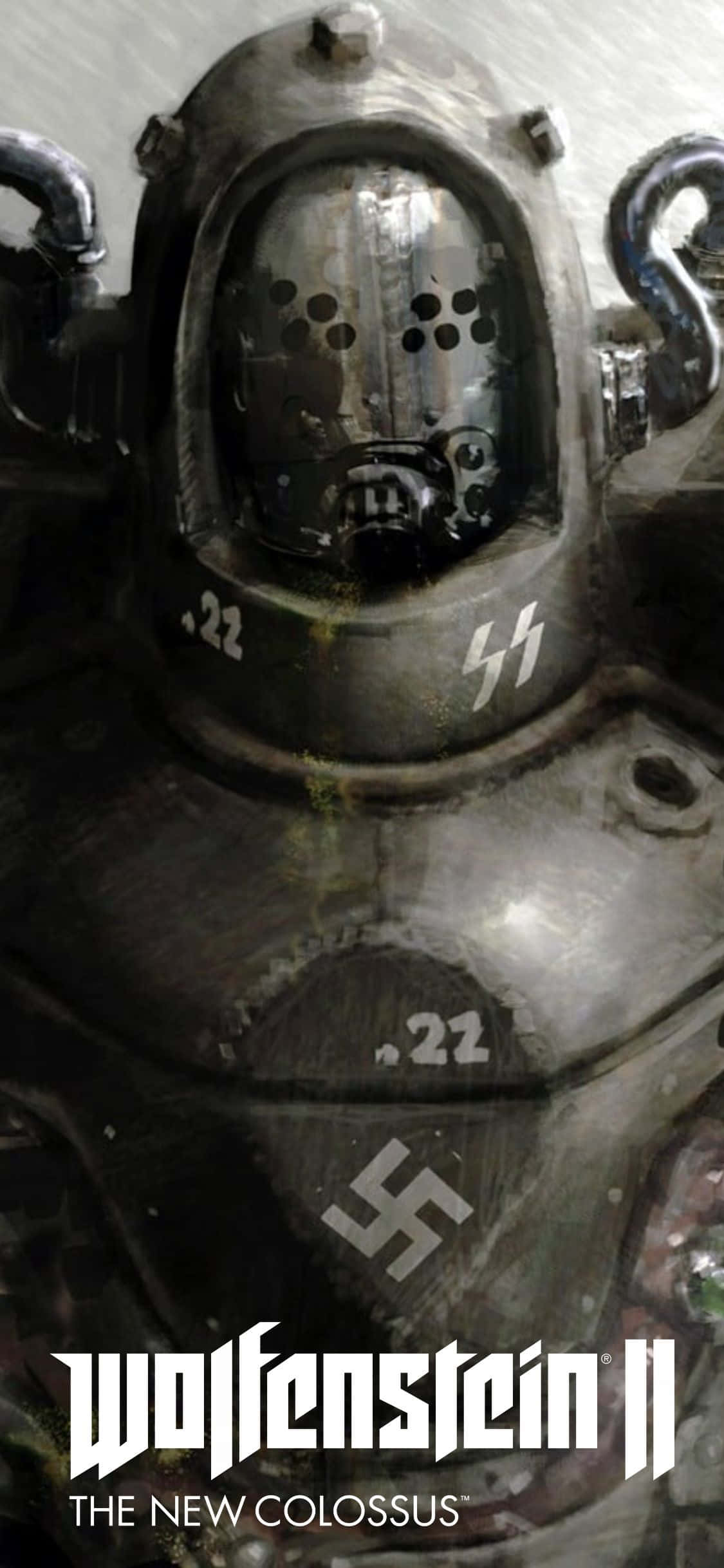 電玩遊戲 桌布 壁紙 — Wolfenstein II 中帶有卍字和 .22 標記的風化金屬動力裝甲頭盔特寫。