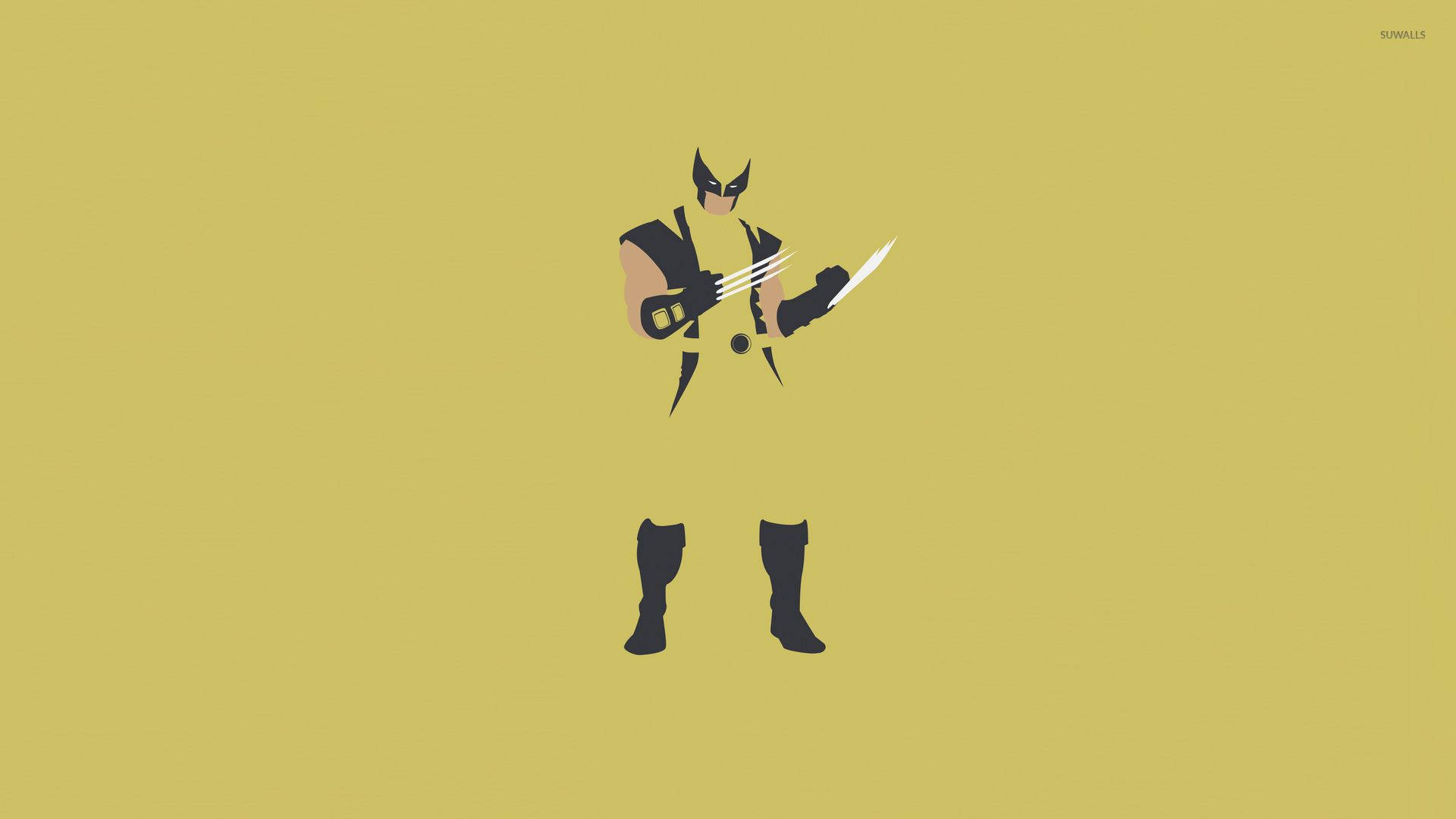 金鋼狼 桌布 壁紙 — Wolverine 以黑色和黃色簡約插圖，手持爪子和劍，背景為純芥末色。