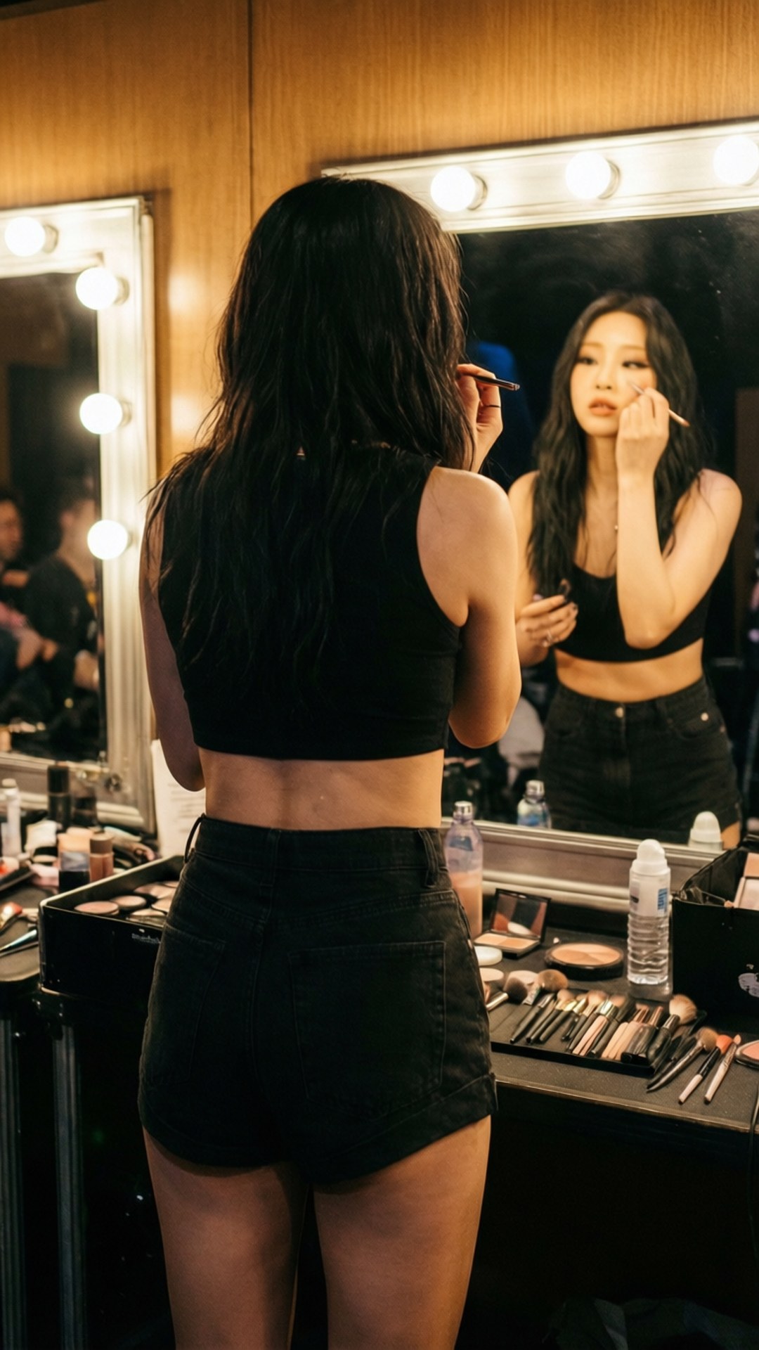 Backstage Glow 壁紙 — 一位身穿黑色露臍上衣和短褲的女性，在溫暖燈光的化妝間鏡子前化妝，周圍擺滿美容產品。