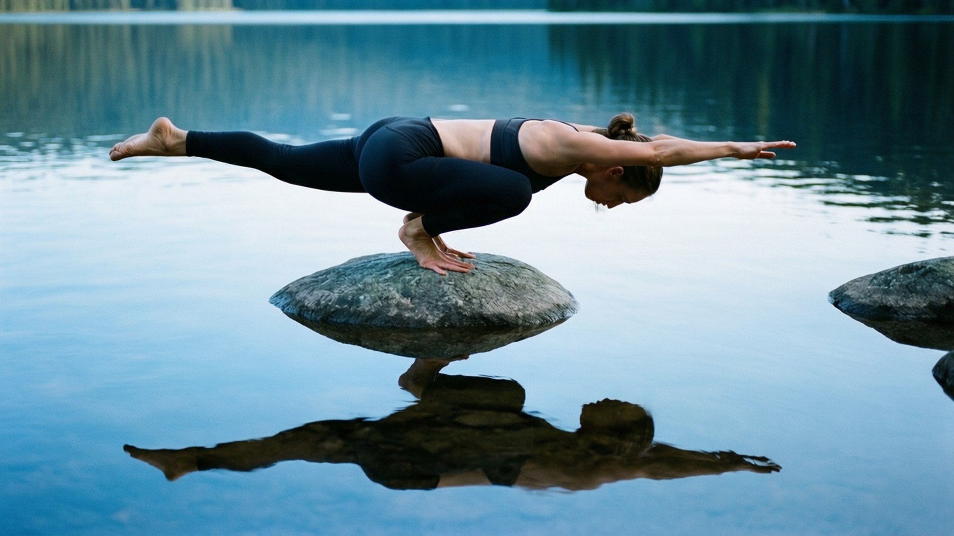 Lakeside Crow Pose 壁紙 — 一位身穿黑色運動服的女士在平靜的藍色水中的岩石上優雅地保持平衡，下方有她的倒影。