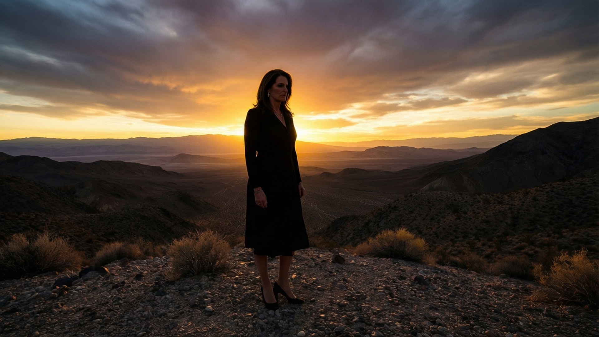 Desert Sunset Reflection 壁紙 — 一名身穿黑色連衣裙的女性在崎嶇沙漠山脈上戲劇性的日落中呈現剪影。