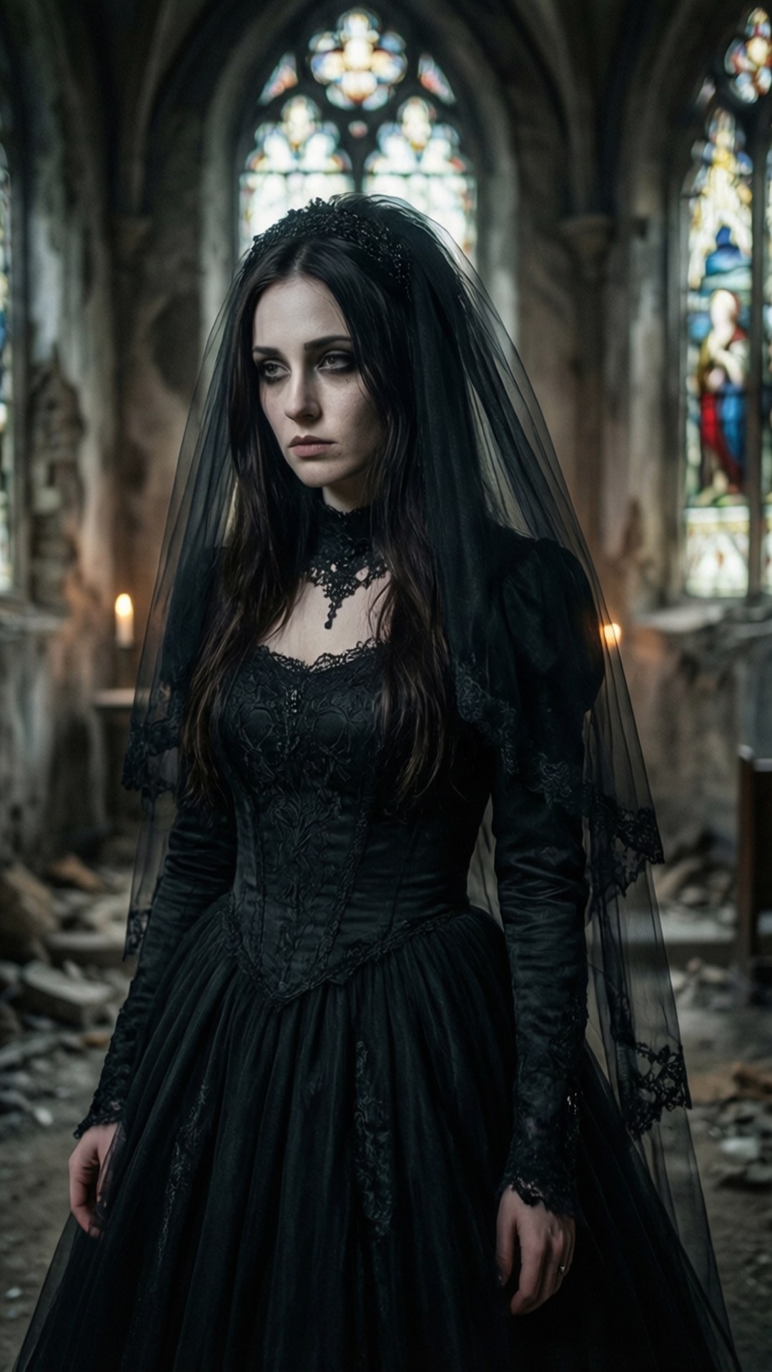 Gothic Bride 壁紙 — 一位身穿黑色蕾絲婚紗和頭紗的女性莊嚴地站在一座破敗的哥德式大教堂中，教堂內有彩色玻璃窗。