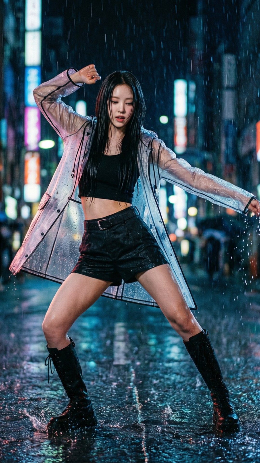 Red Velvet 桌布 壁紙 — 一名穿著透明雨衣的女子在霓虹燈閃爍的城市街道上動感起舞，雨水在她靴子周圍飛濺。