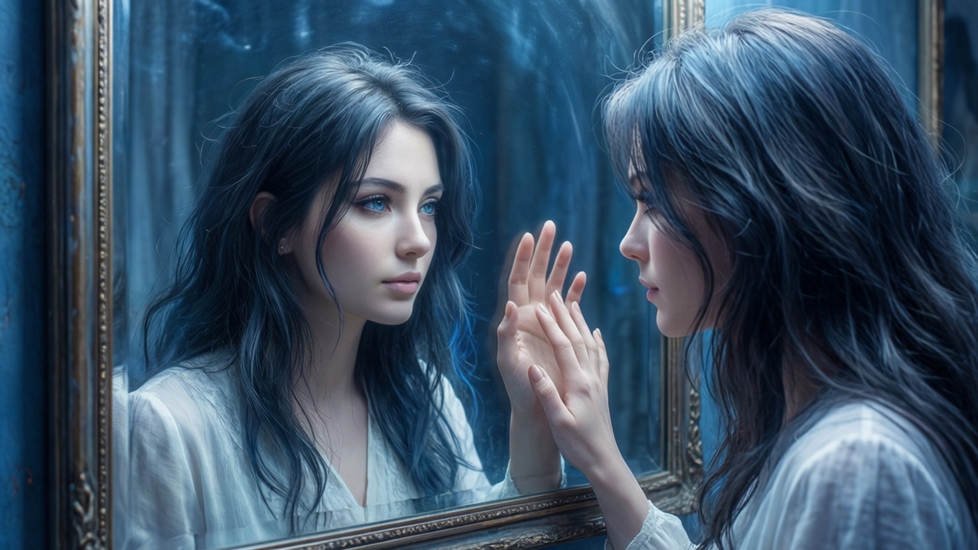 Reflections of Love 壁紙 — 一位深色頭髮的女性凝視著華麗鏡子中的倒影，同時將雙手按在玻璃上。