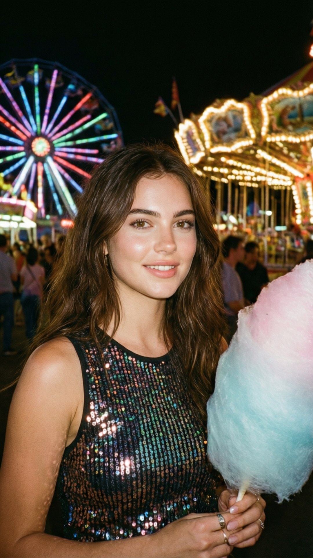 Carnival Night Fun 壁紙 — 一位身穿亮片上衣的女性在熱鬧的夜間嘉年華中微笑著，手持粉紅色和藍色的棉花糖。