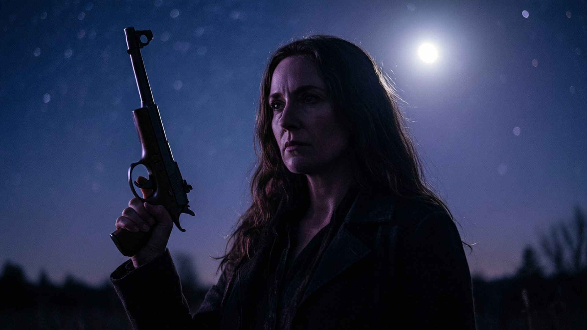 Milly Thompson 桌布 壁紙 — 一位長黑髮的女性在明亮的月光下持槍，星空可見。