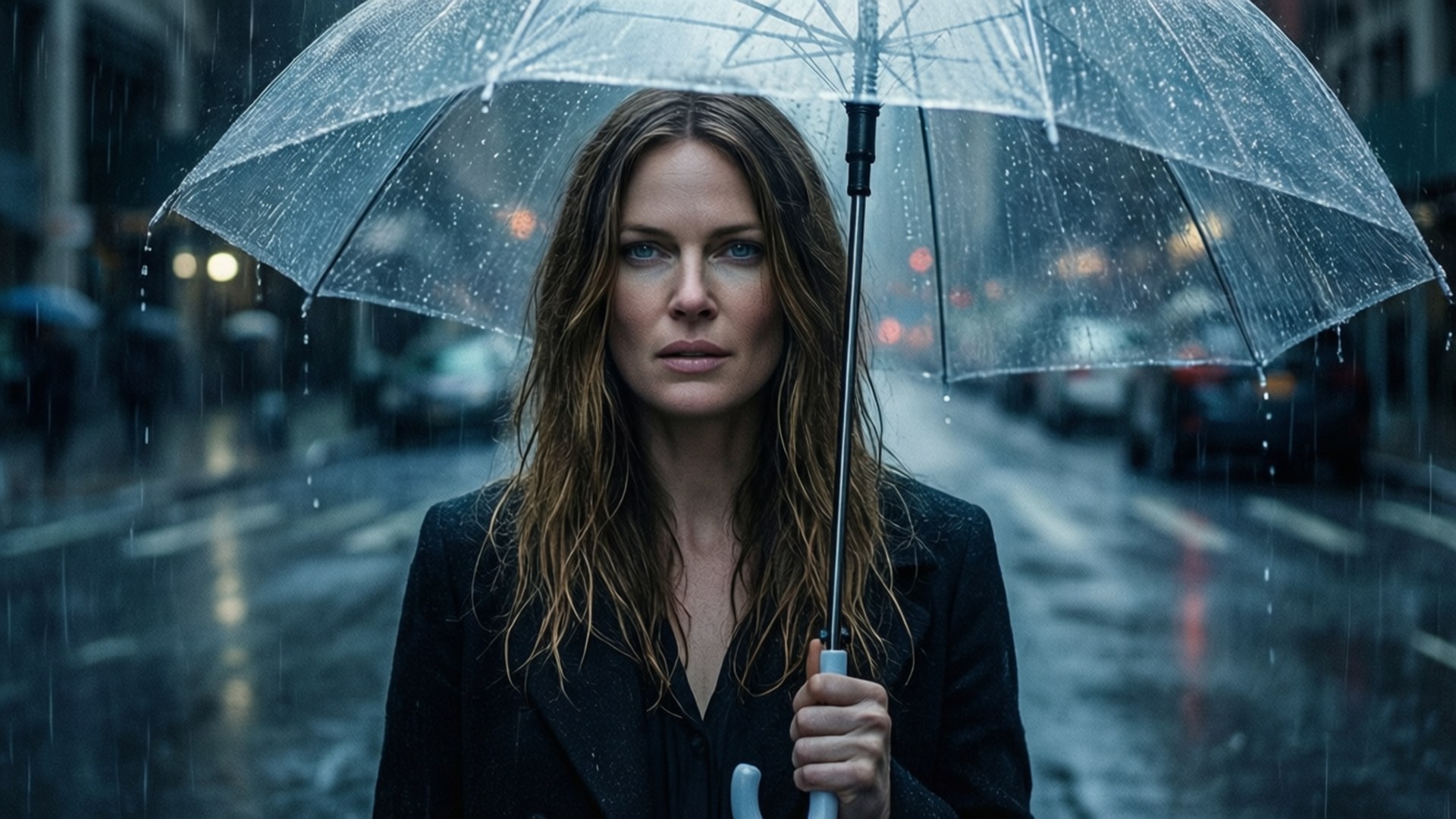 Rainy Day Melancholy 壁紙 — 一位頭髮濕透的女人在夜晚的城市街道上撐著透明雨傘，雨水落下。
