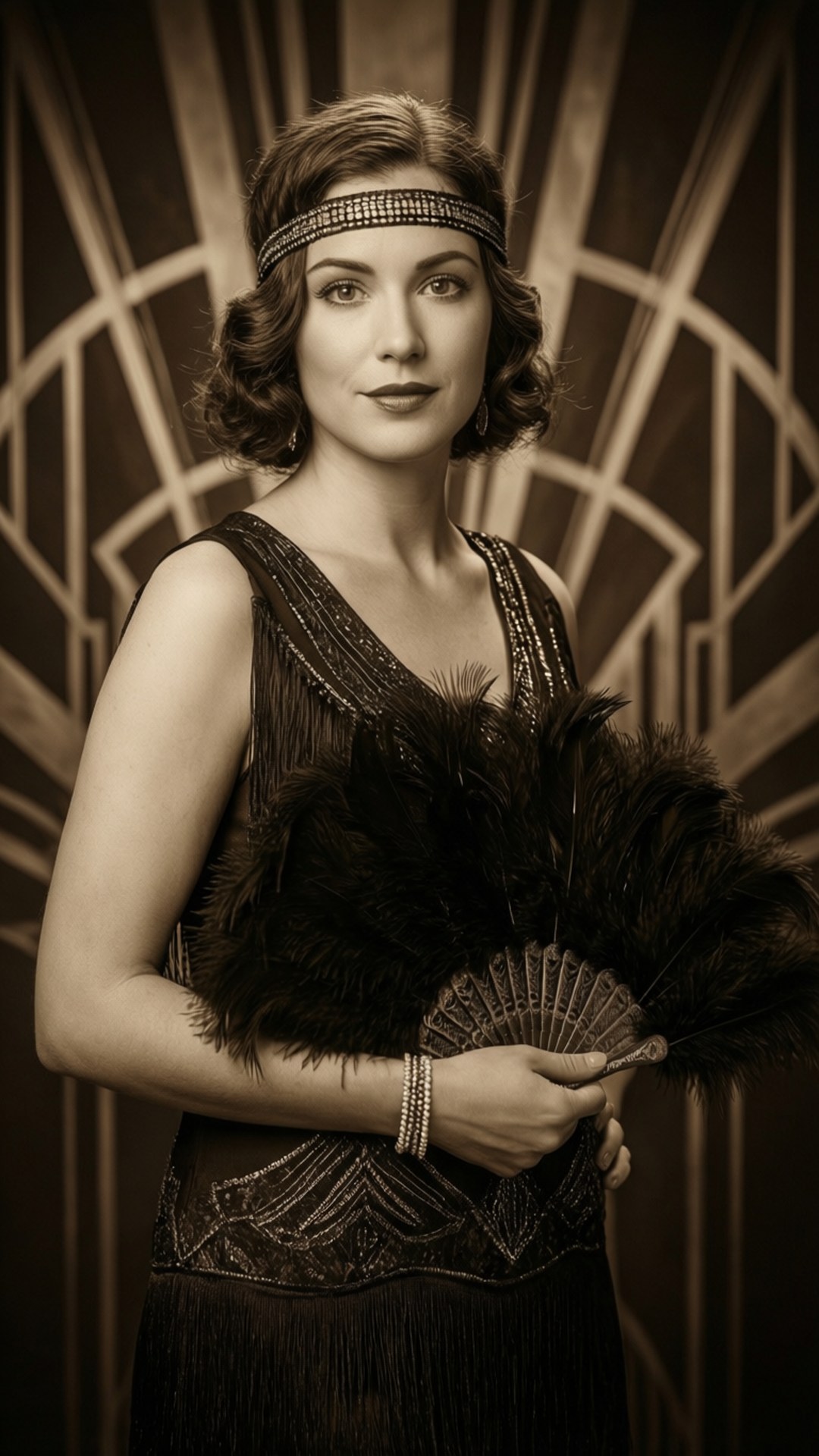 Roaring Twenties Glamour 壁紙 — 一位身穿1920年代流蘇珠飾飛女裙的女子，在裝飾藝術幾何背景前手持羽毛扇。