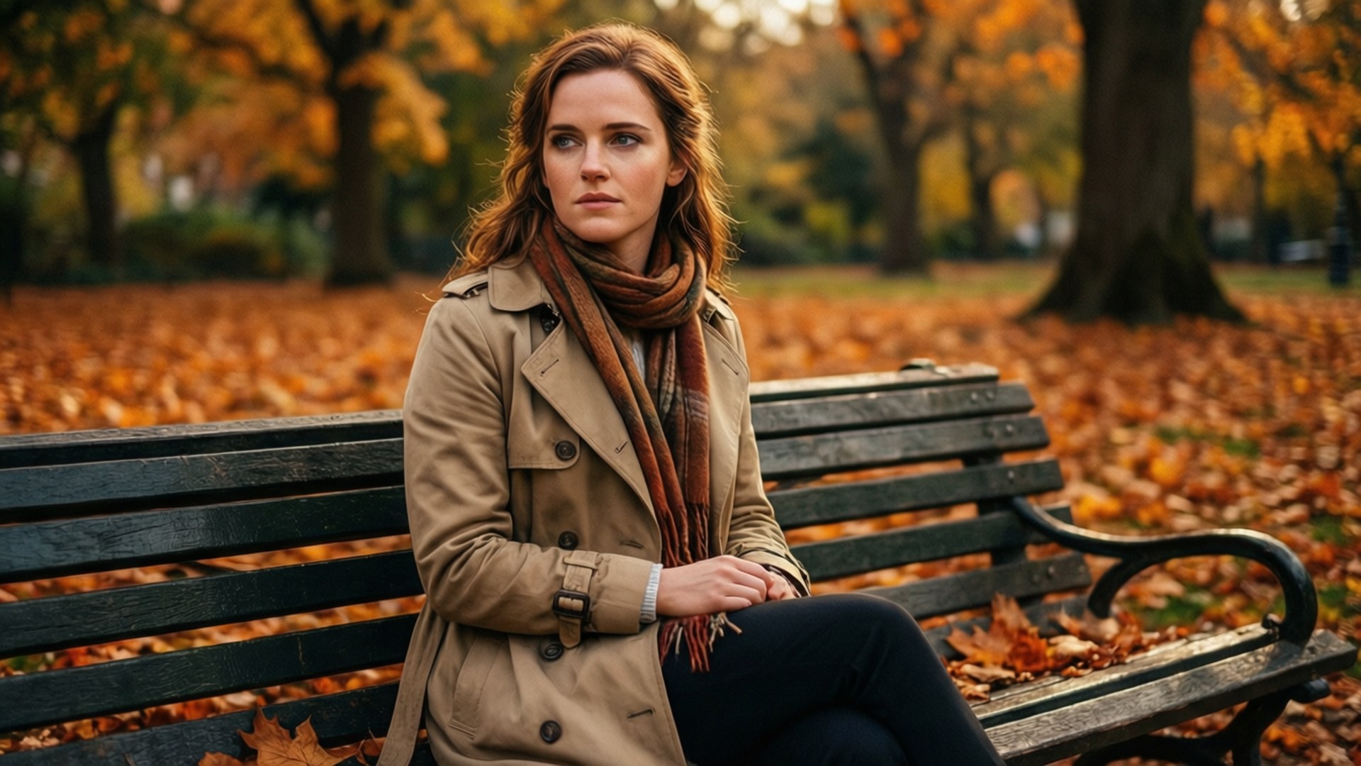 Emma Watson 桌布 壁紙 — 一位身穿米色外套和圍巾的女性，坐在公園長椅上，被金色的秋葉包圍，若有所思。